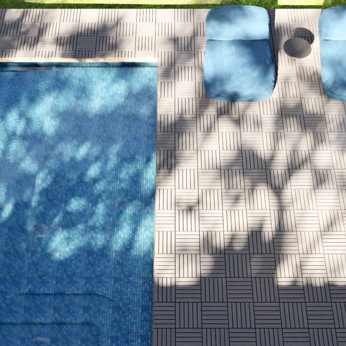 Light grey interlocking deck tiles arranged in a basketweave pattern