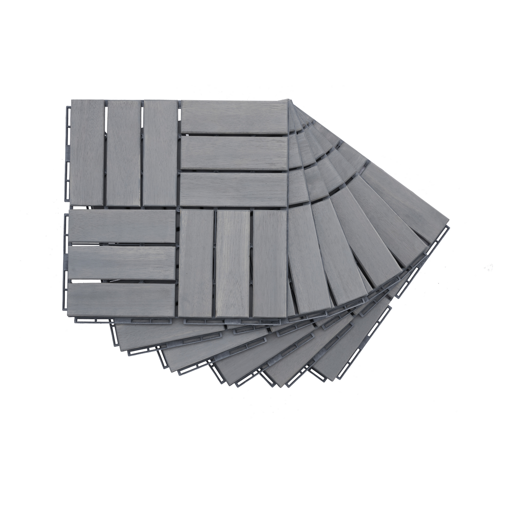 Gray interlocking deck tiles with natural wood grain texture
