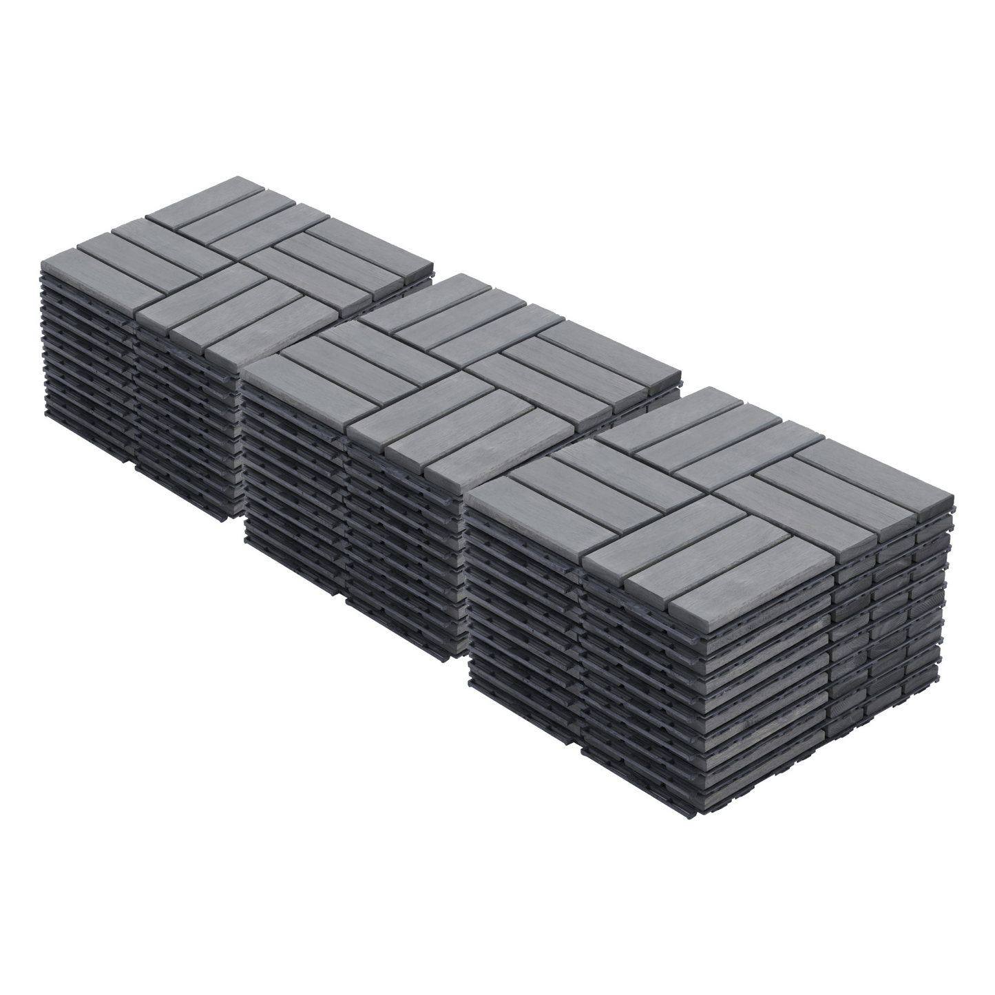Stacks of grey composite deck tiles laid in a herringbone pattern for outdoor flooring
