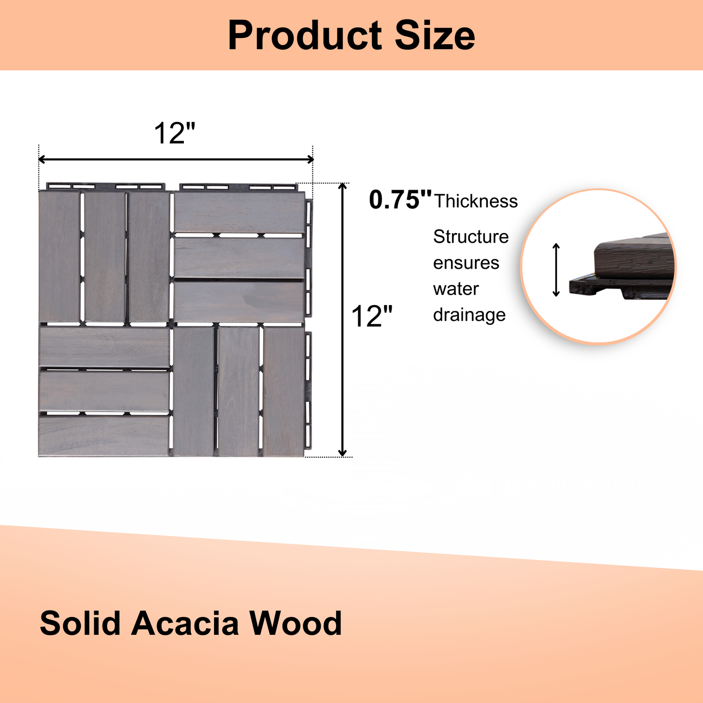 x inch grey acacia wood deck tile with water drainage structure