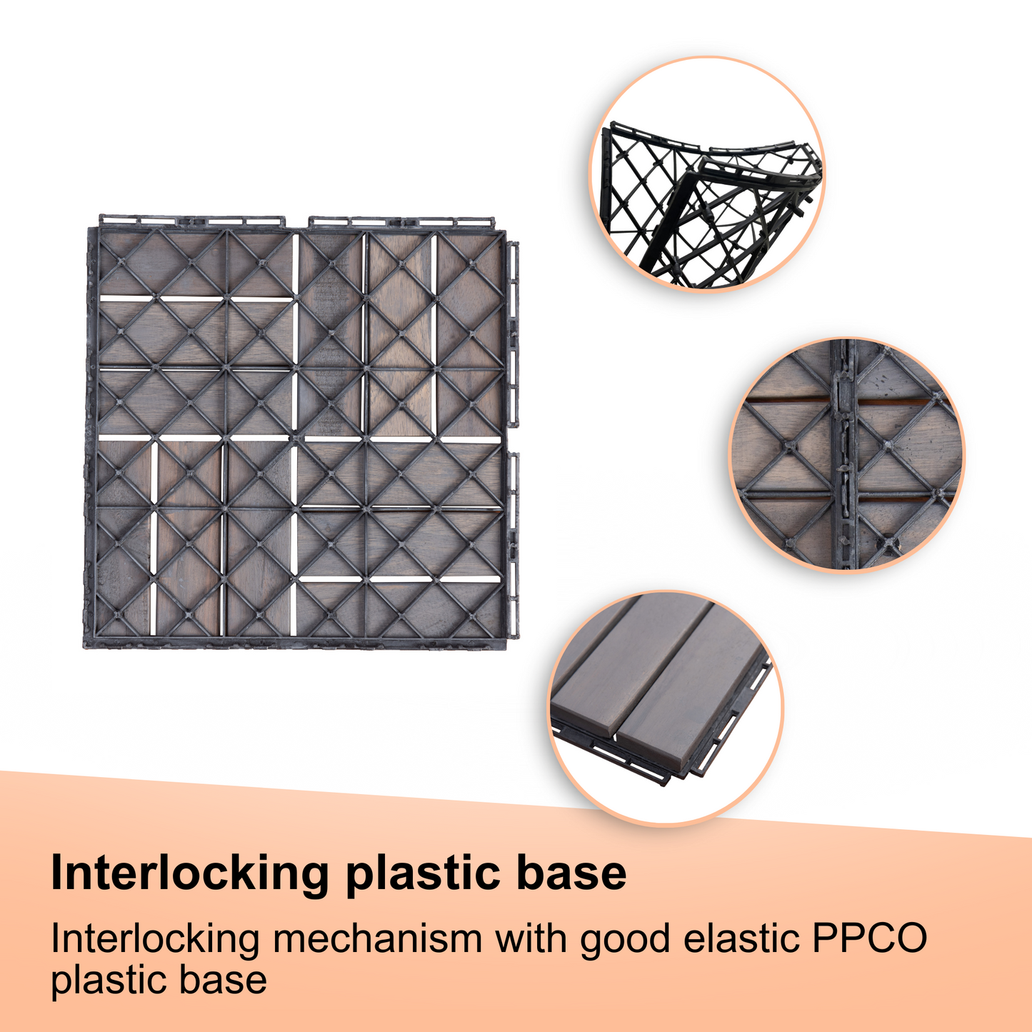 Dark gray interlocking plastic deck tiles with a wood grain texture and a grid base