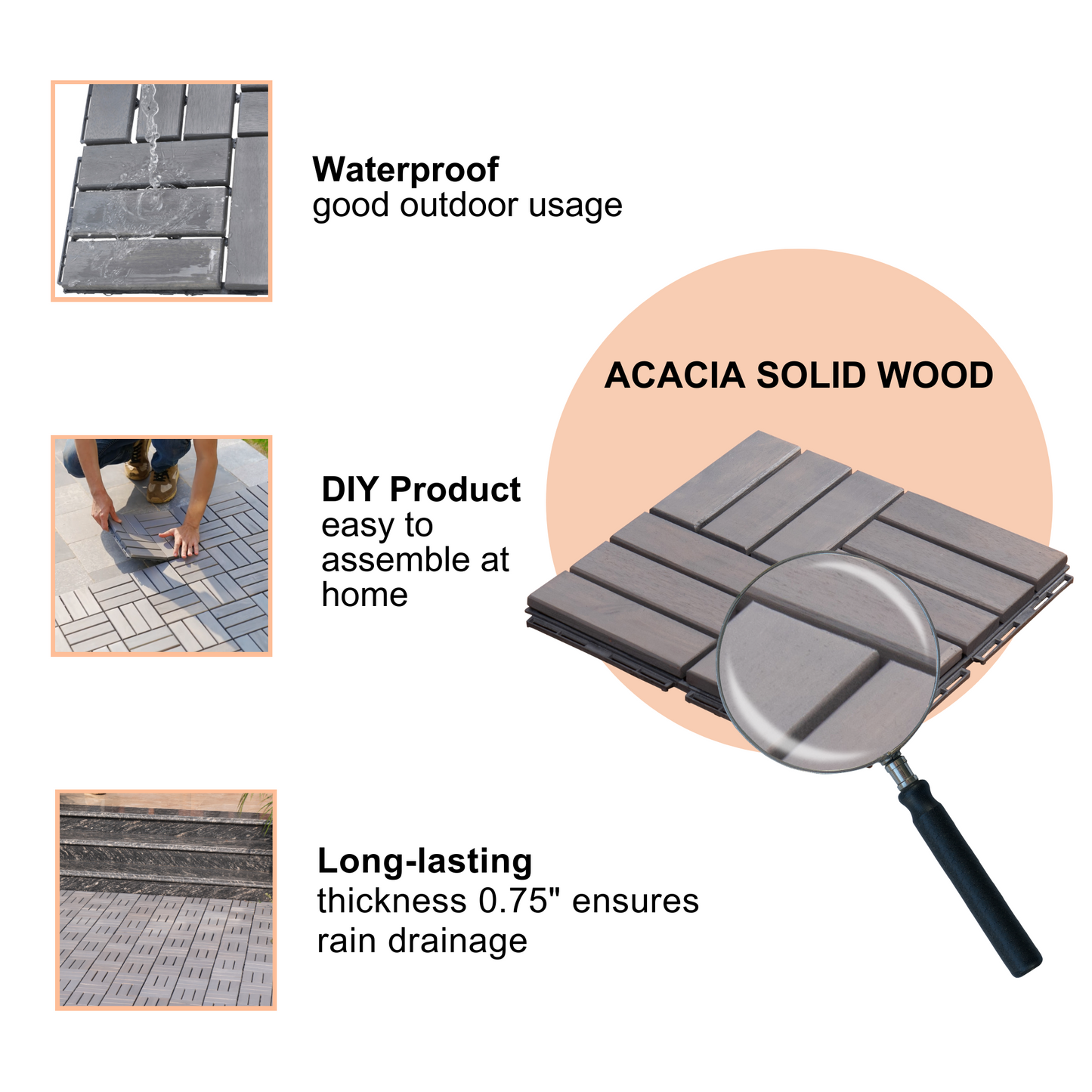 Gray interlocking acacia wood deck tiles are waterproof for outdoor use
