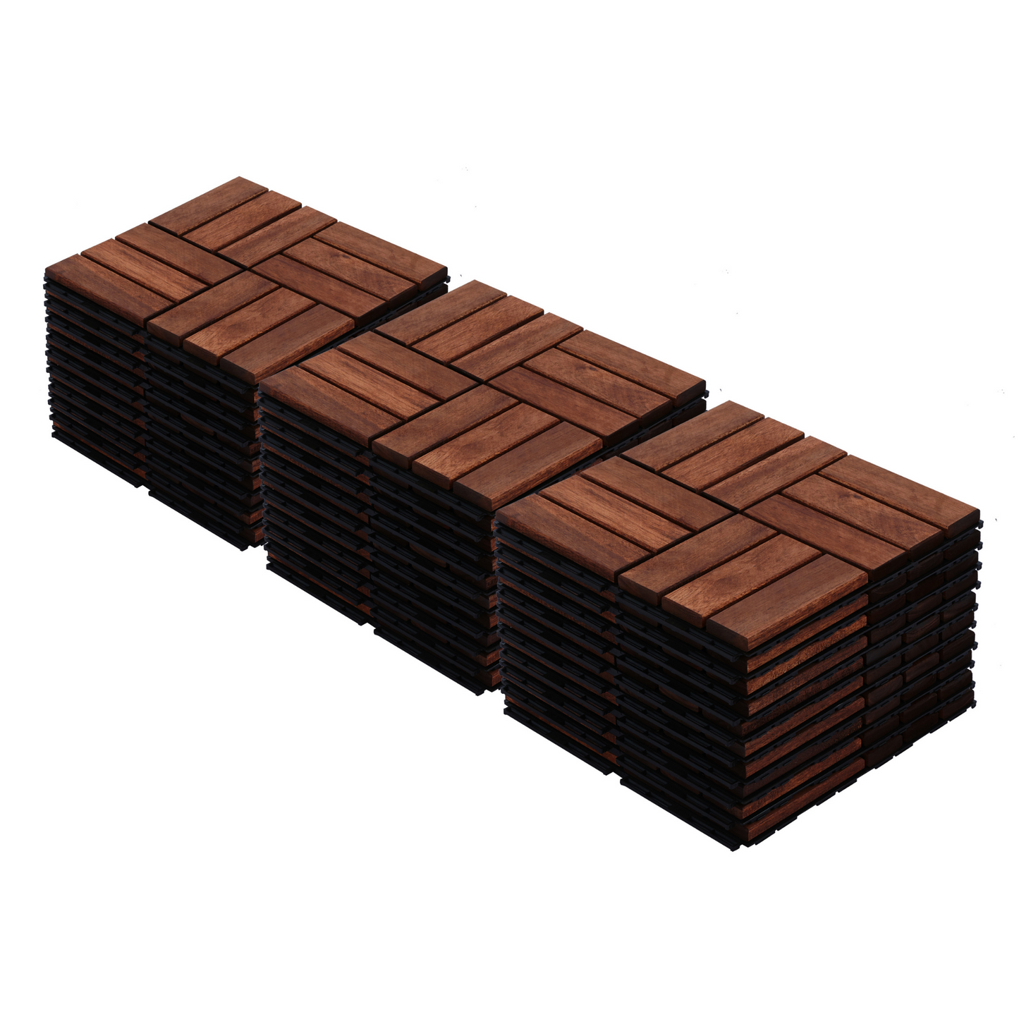 Stack of dark brown interlocking wood deck tiles with black plastic base for easy installation