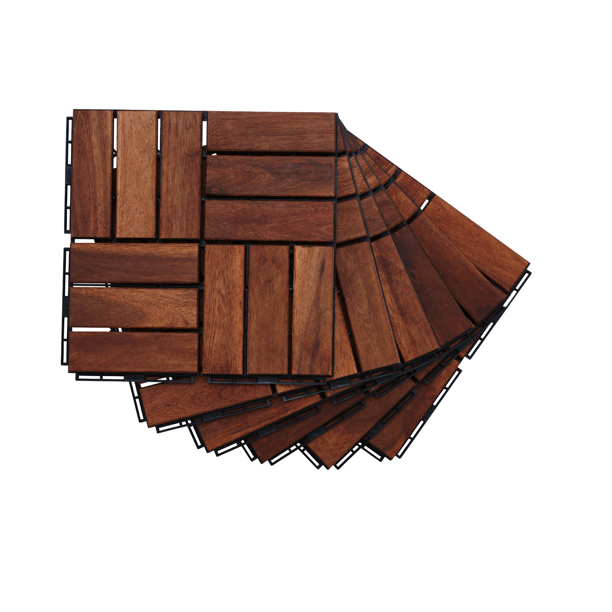 Rich brown wooden deck tiles with black interlocking base fanned out arrangement