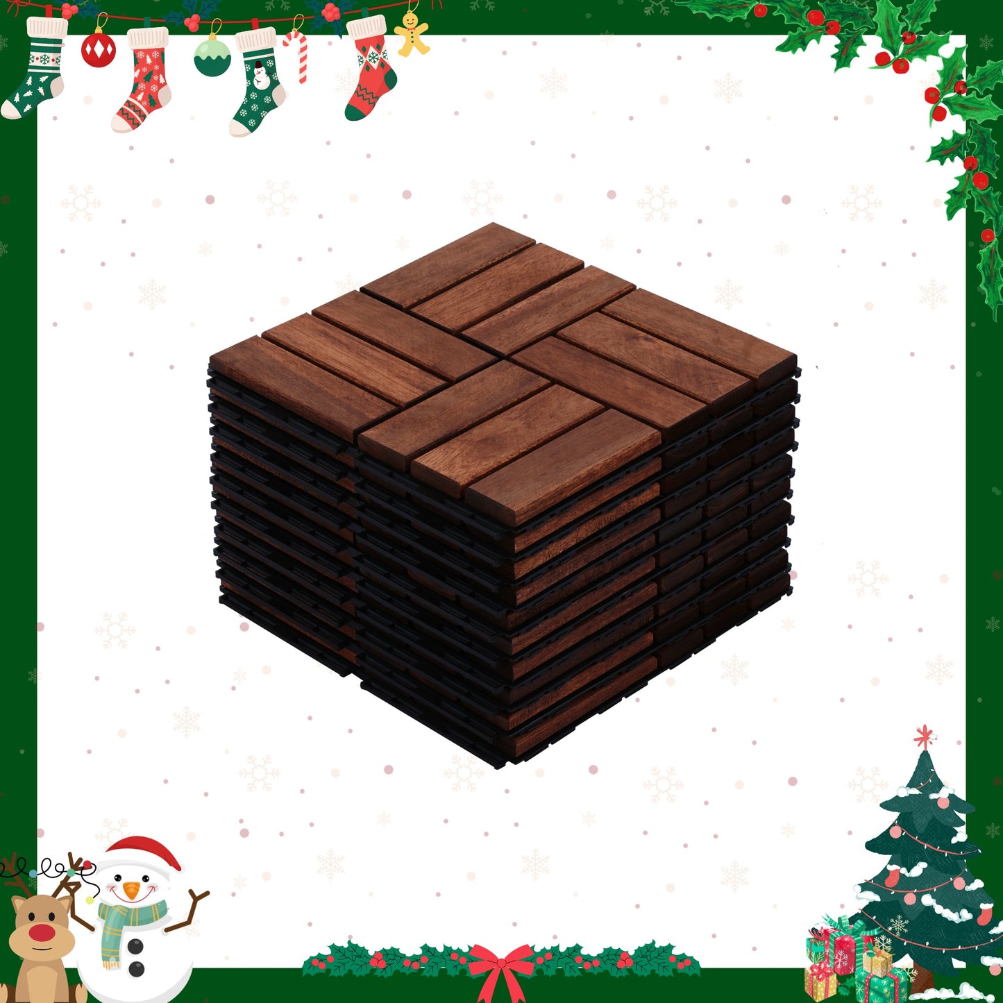 Stack of dark brown wooden interlocking deck tiles with a herringbone pattern