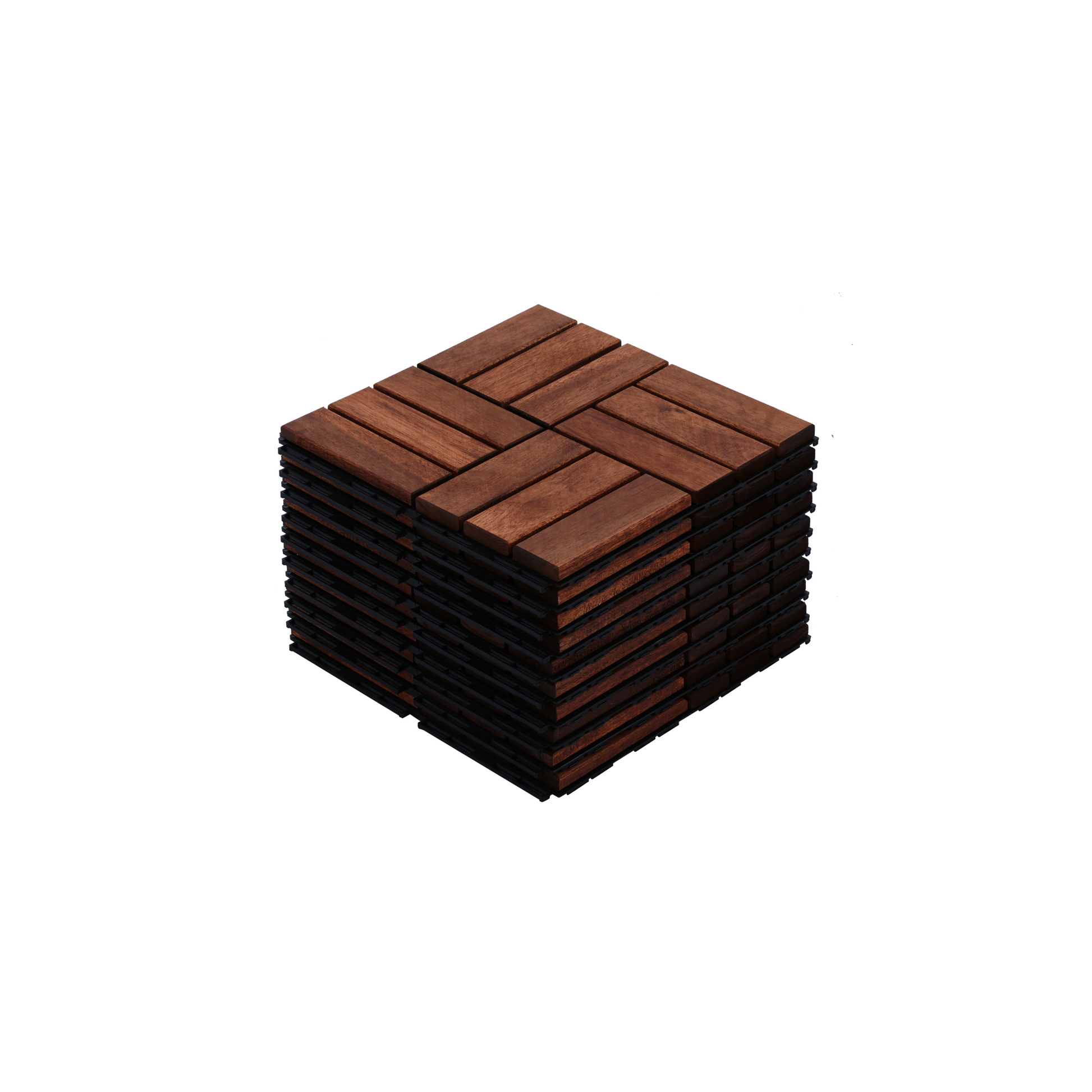 Stack of dark brown wooden interlocking deck tiles arranged in a square pattern