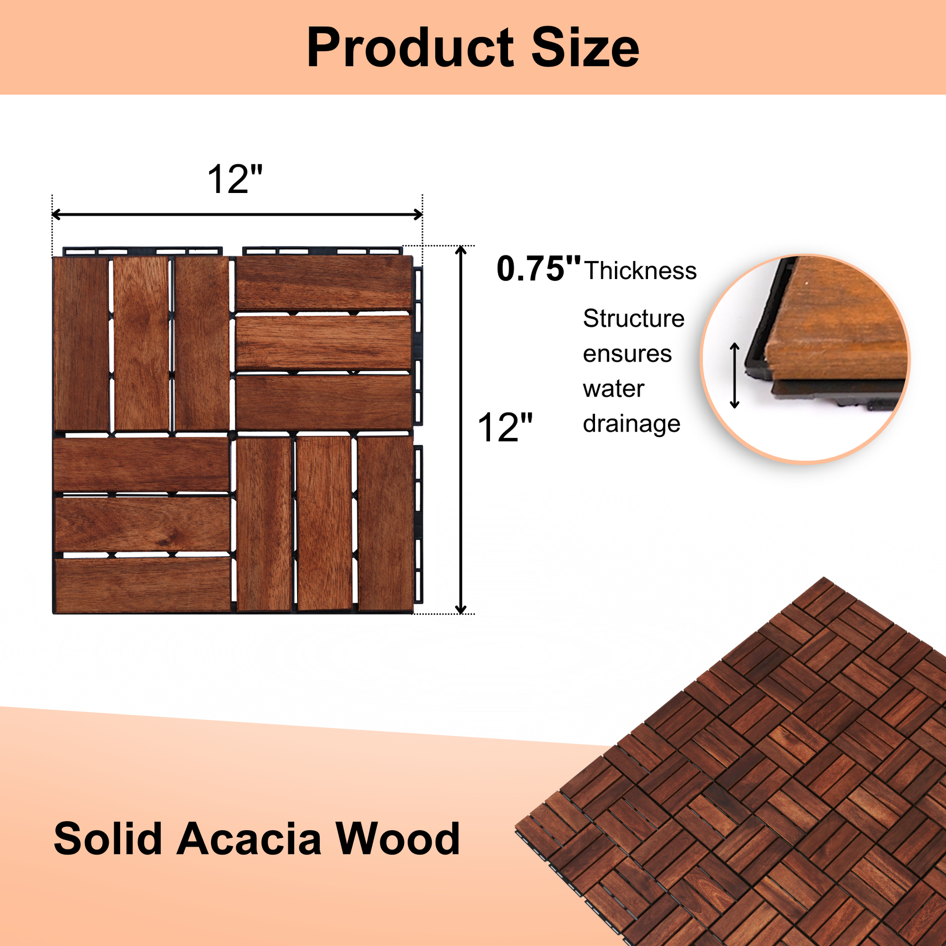 inch square acacia wood deck tile rich brown hue easy interlock system