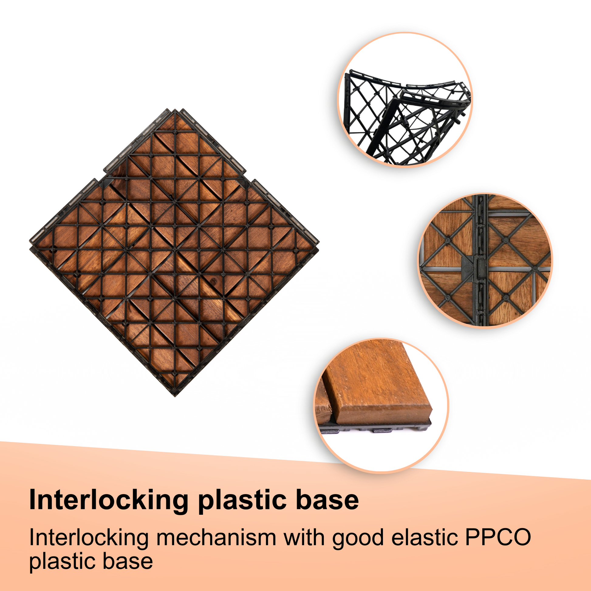 Diamond pattern wood deck tile with interlocking PPCO plastic base