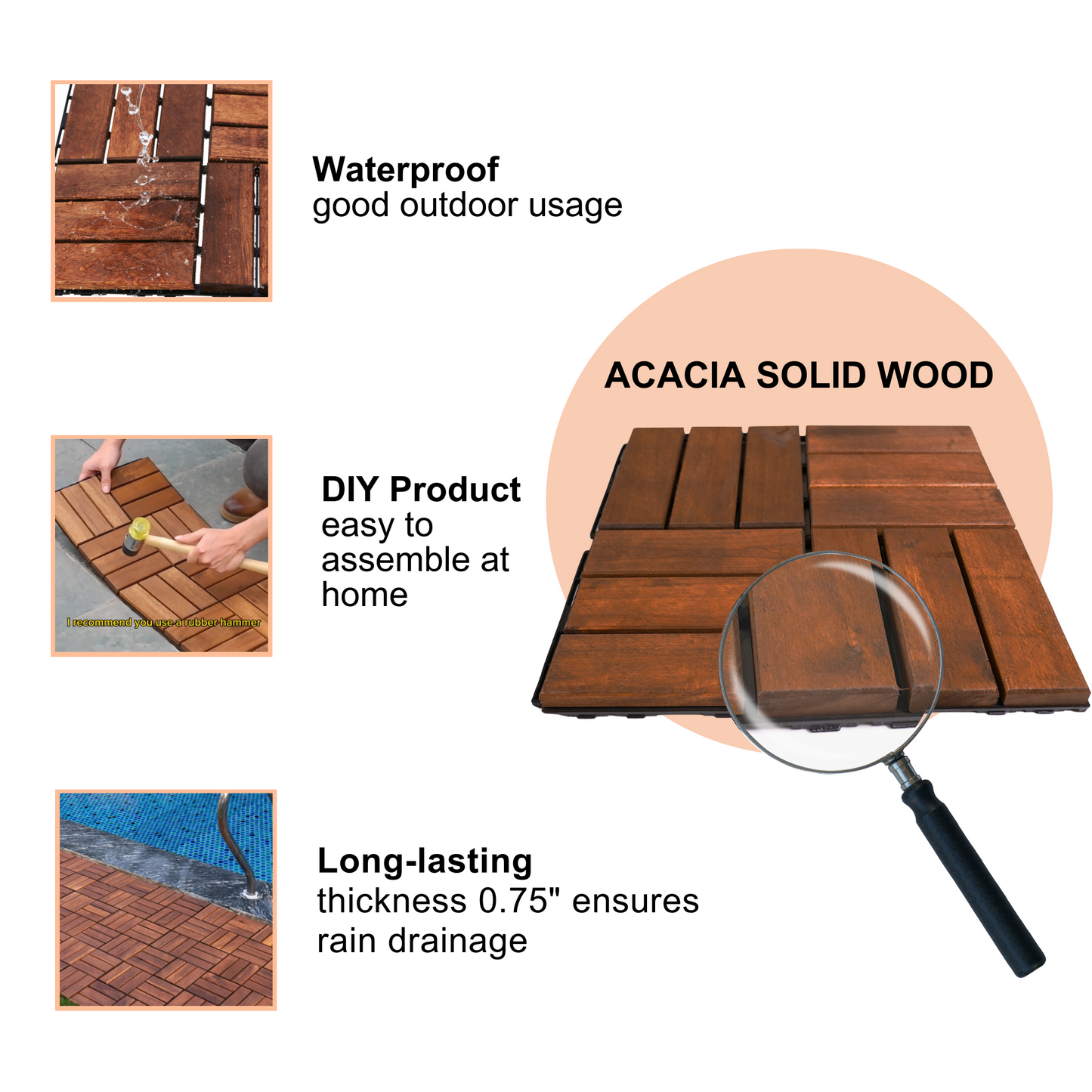 Acacia wood deck tiles waterproof and durable for outdoor patios