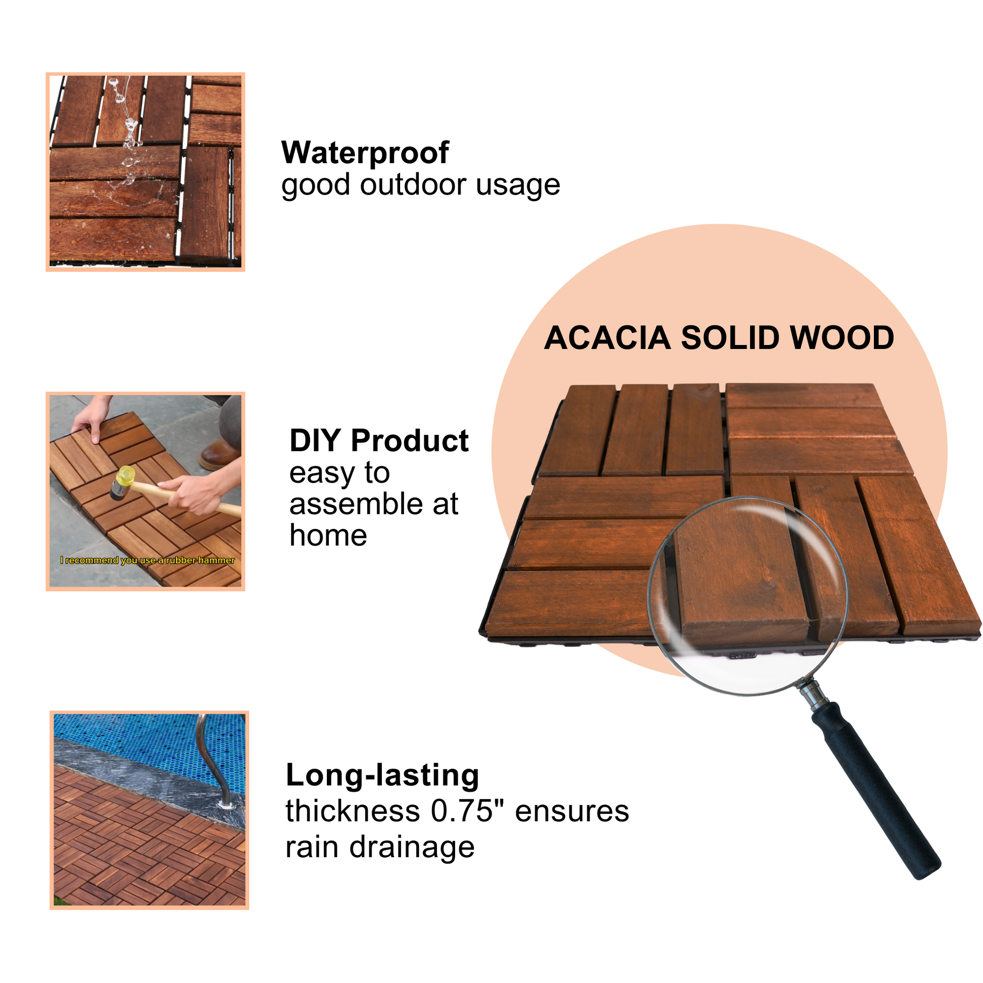 Acacia wood deck tiles waterproof and durable for outdoor patios