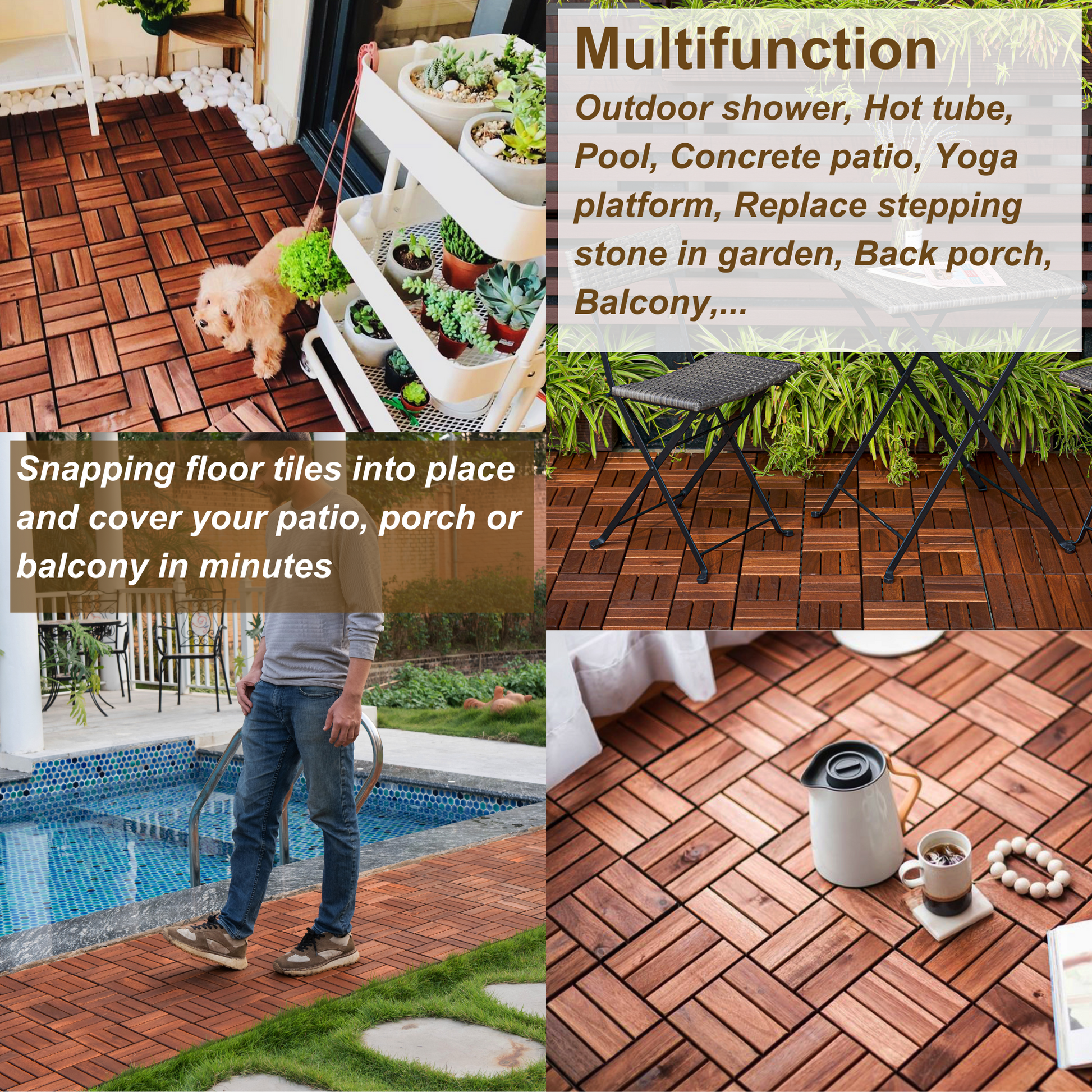 Dark brown interlocking wood deck tiles for outdoor patios and balconies