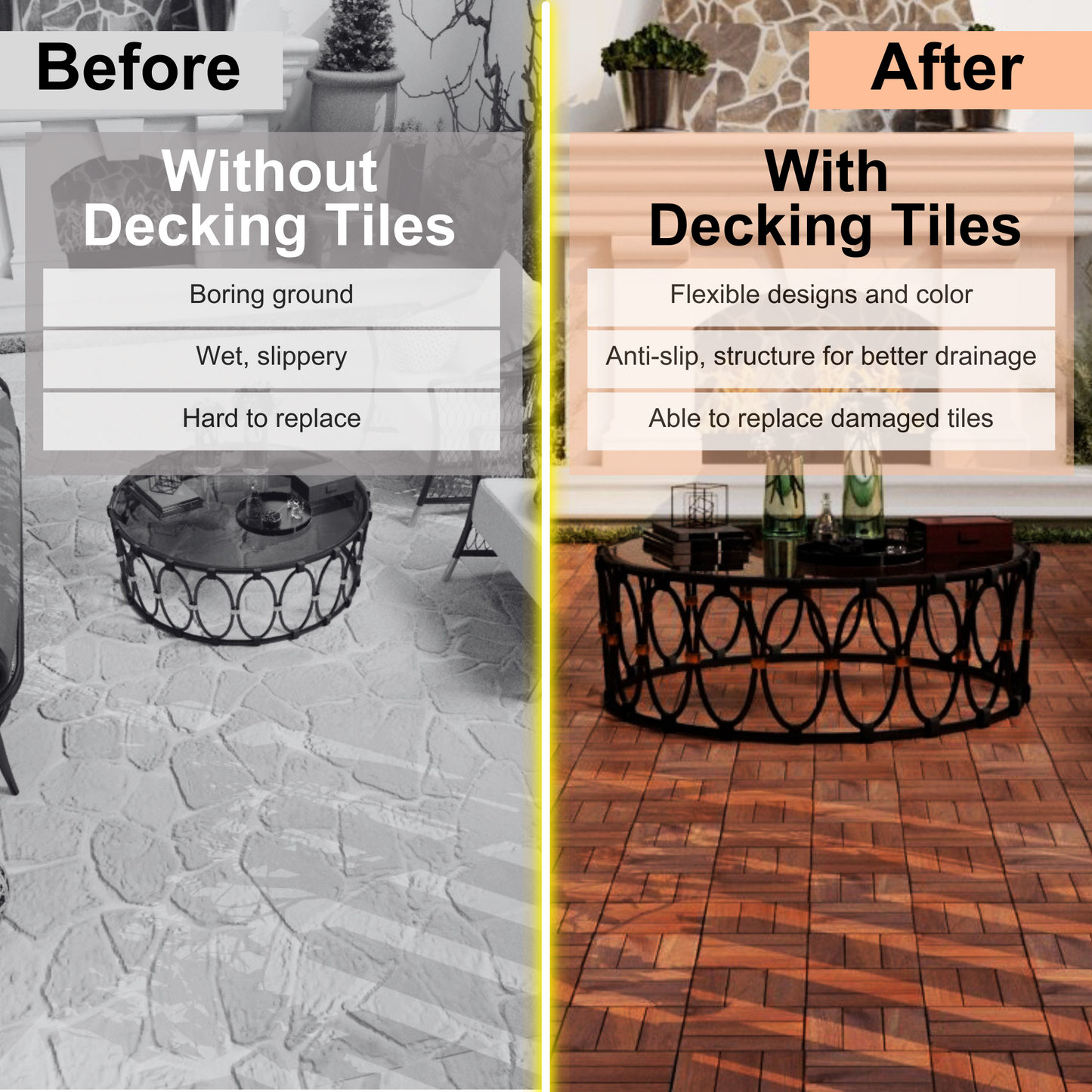 Wooden interlocking deck tiles provide a warm natural wood finish for outdoor patios