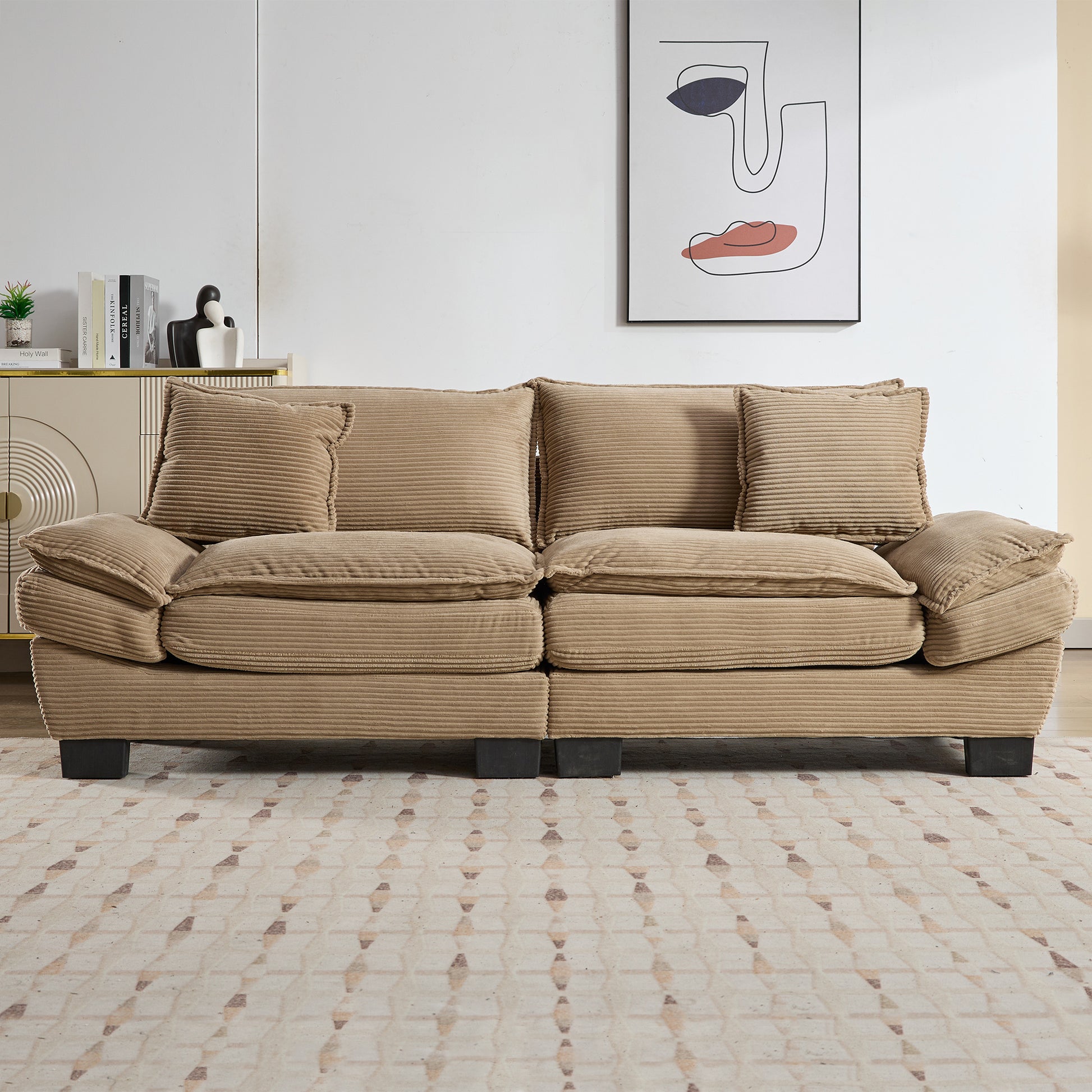 Luxurious beige corduroy sofa with plush cushions perfect for a modern living room setup