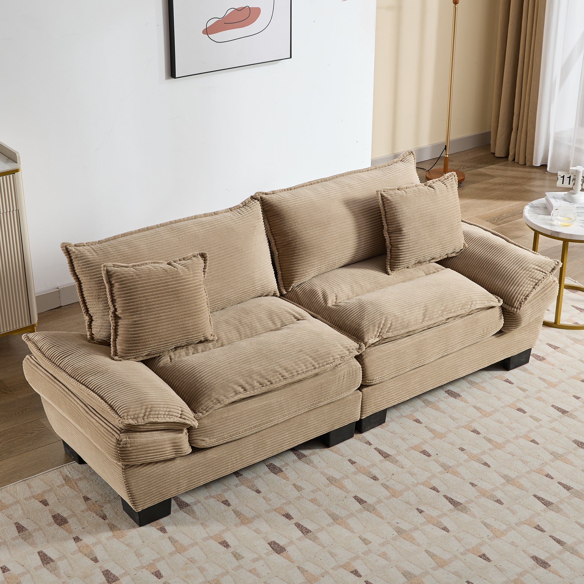 Luxurious beige corduroy sectional sofa with plush cushions and matching accent pillows for modern living rooms