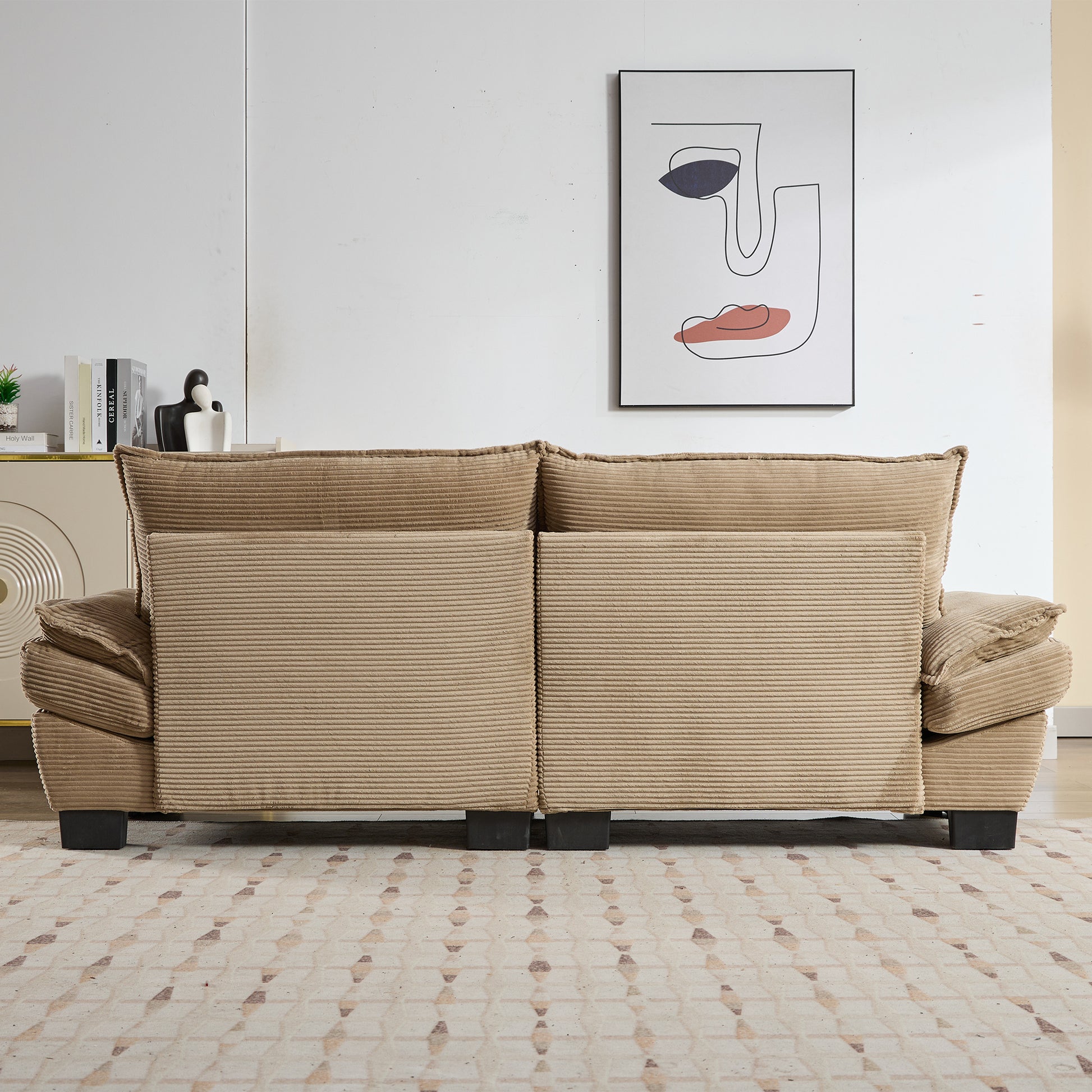 Beige corduroy sofa with plush cushions perfect for a cozy living room
