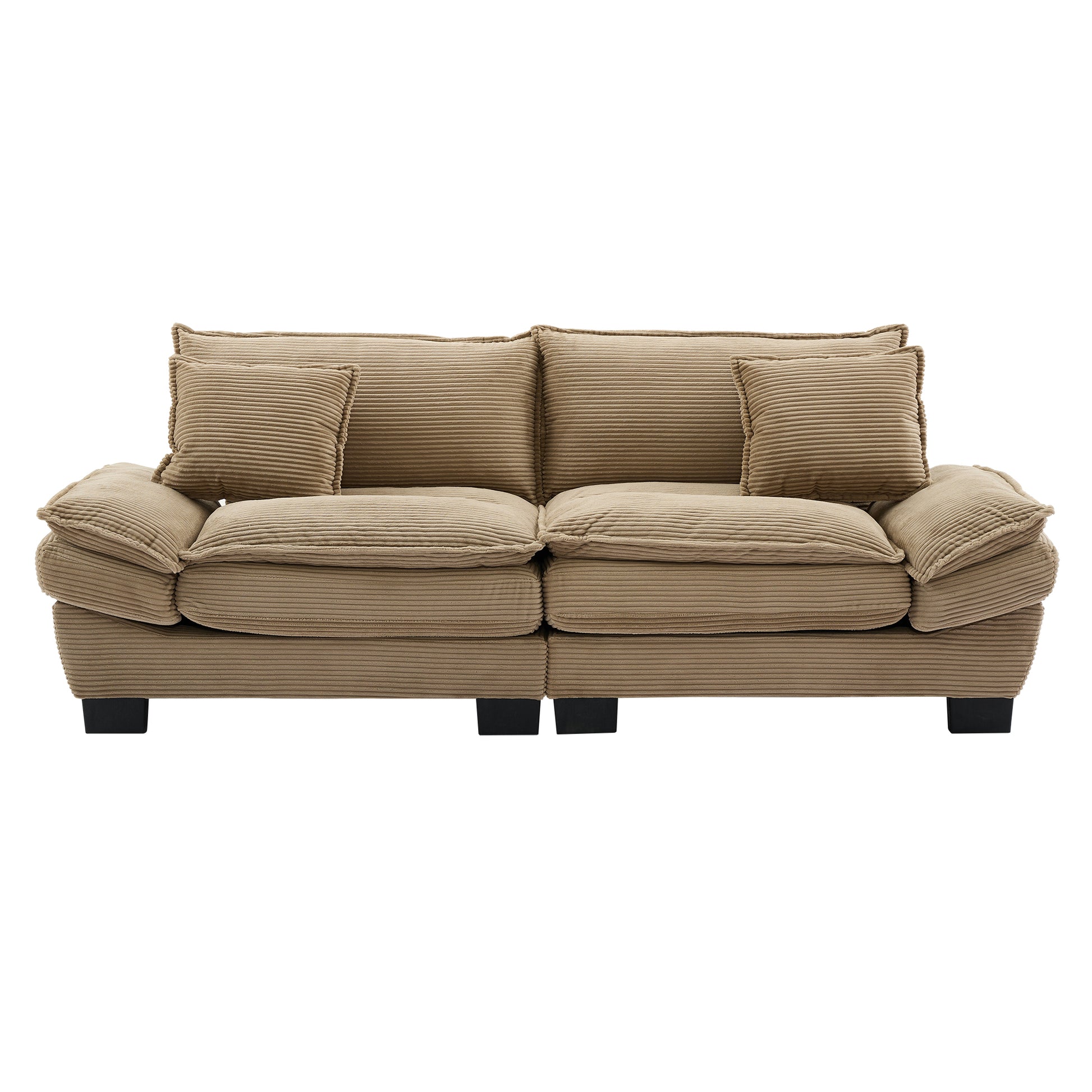 Brown corduroy sofa with plush cushions and black legs modern living room furniture