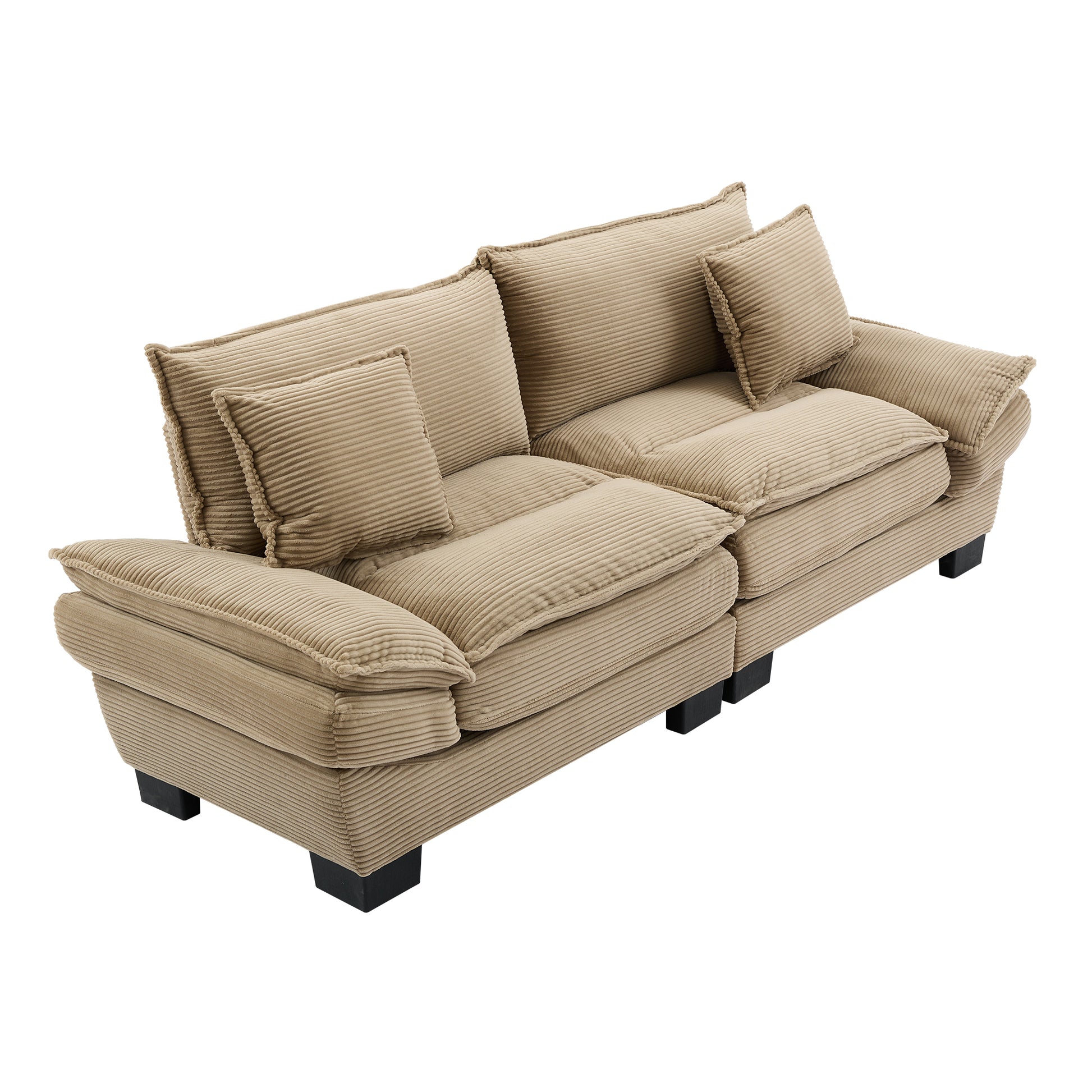 Beige corduroy sectional sofa with plush cushions and modern black legs