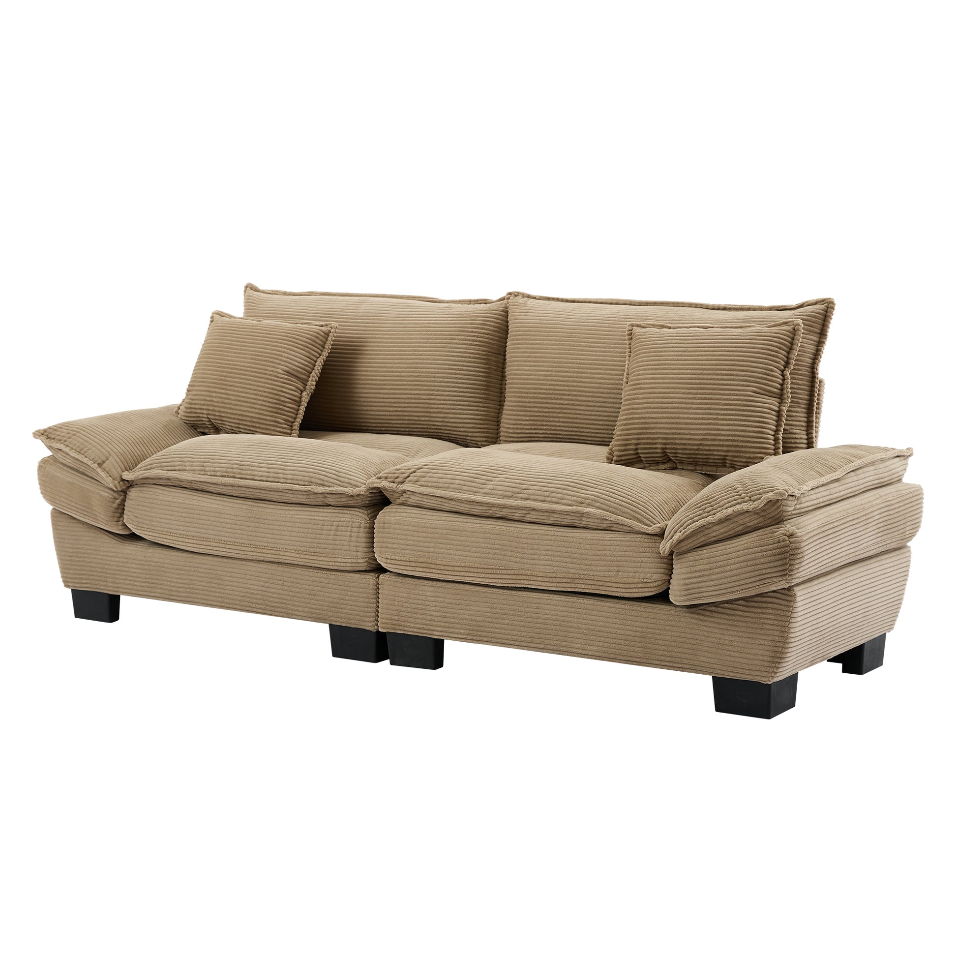 Beige corduroy sofa with plush cushions and throw pillows modern living room furniture