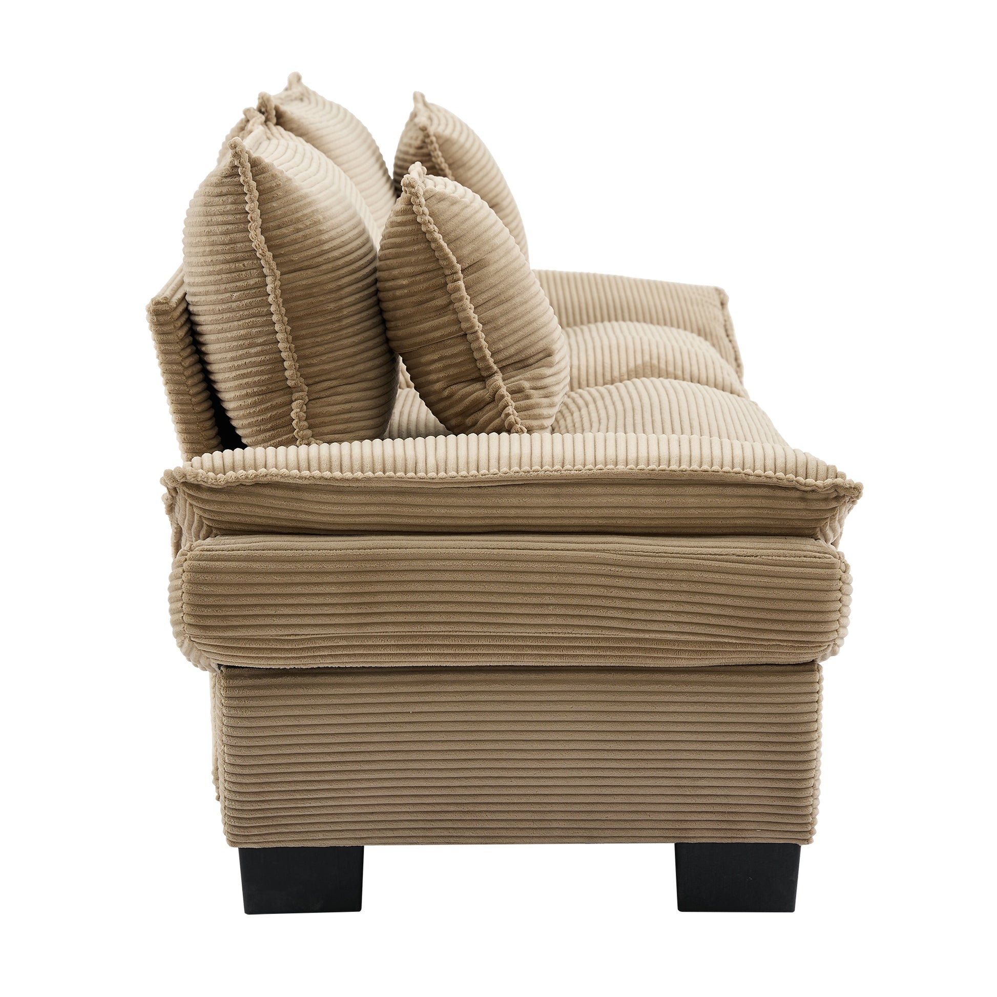 Cozy beige corduroy sofa with plush throw pillows and modern black legs