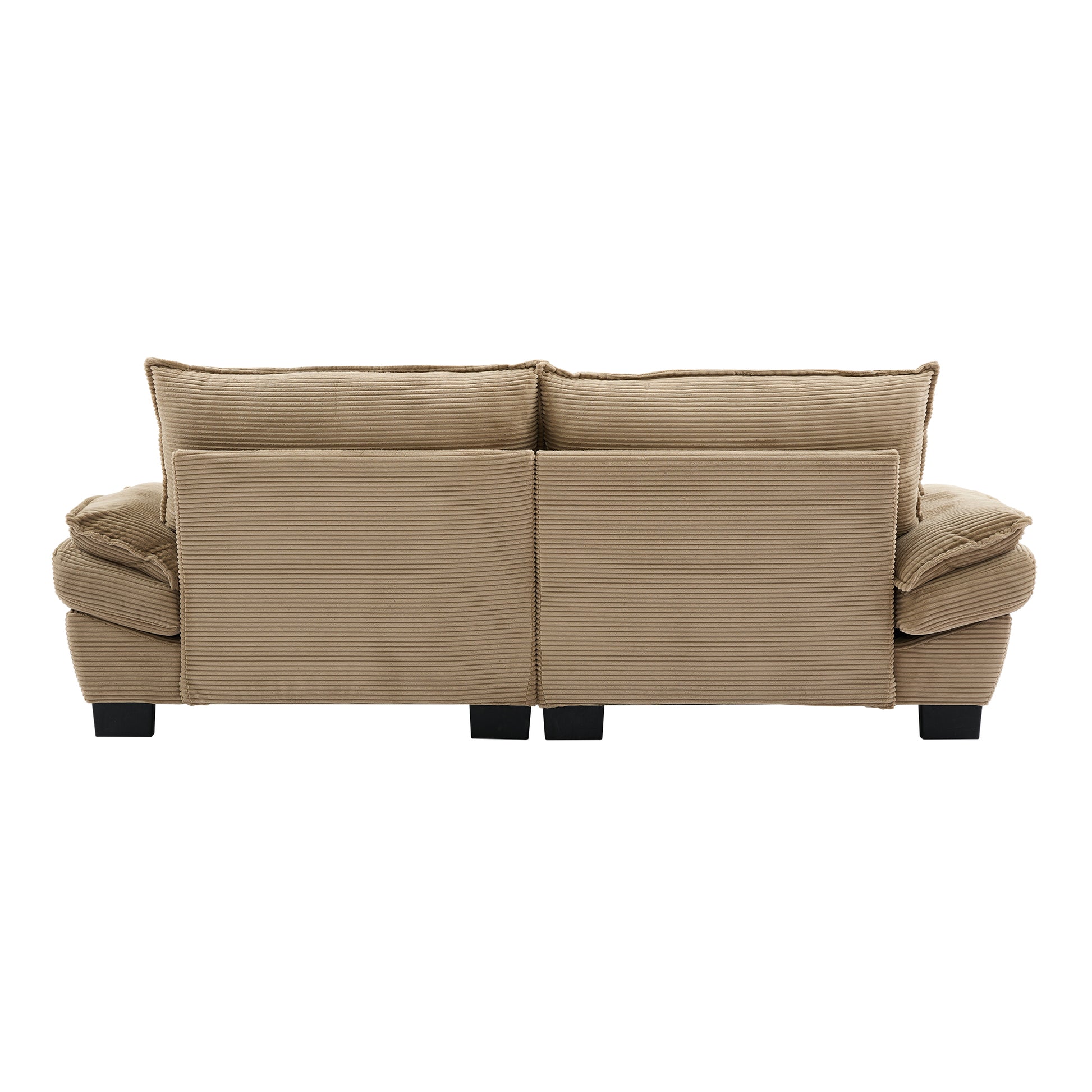 Back view of a plush beige corduroy sofa with deep tufting and black legs ideal for a cozy living room