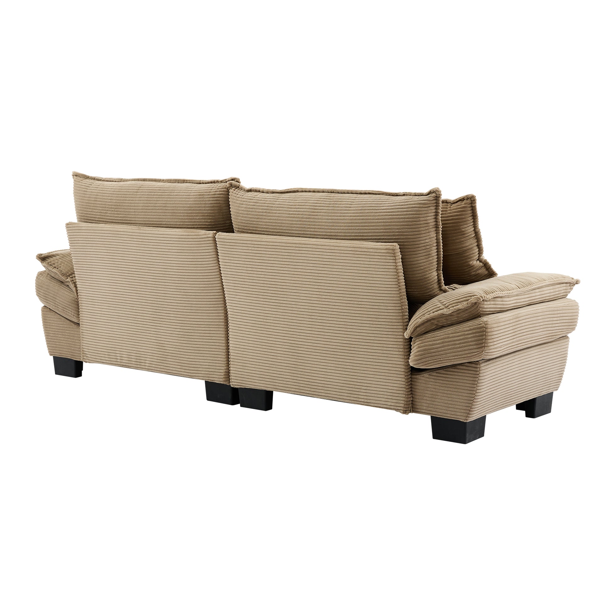 Beige corduroy sofa with plush cushions and modern black legs ideal for living room comfort