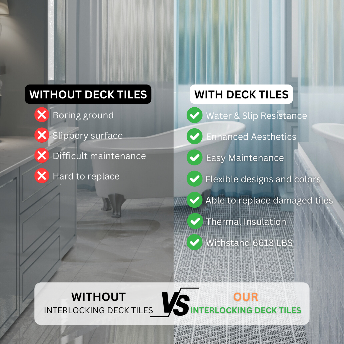 Gray interlocking deck tiles with enhanced aesthetics and easy maintenance