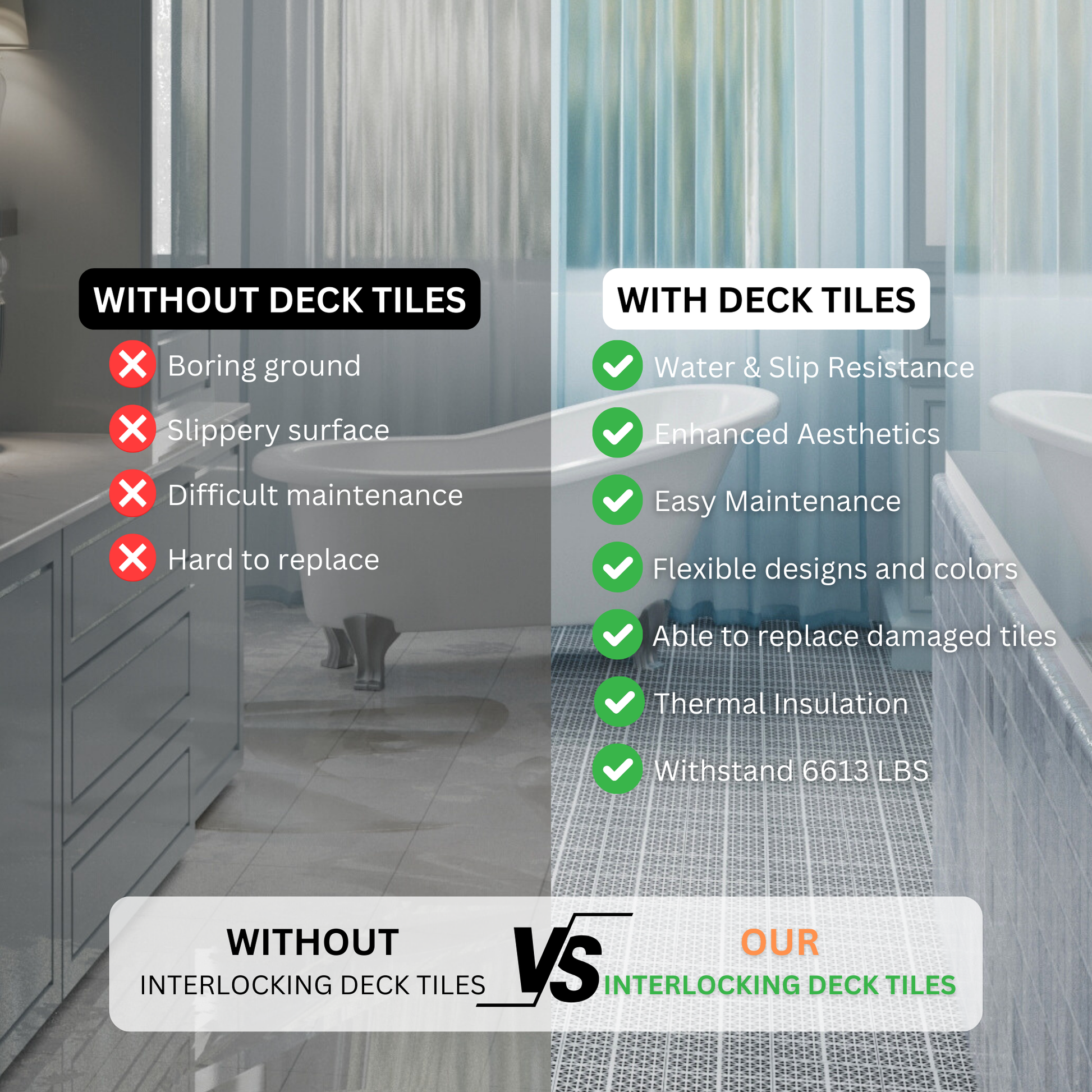 Gray interlocking deck tiles with enhanced aesthetics and easy maintenance