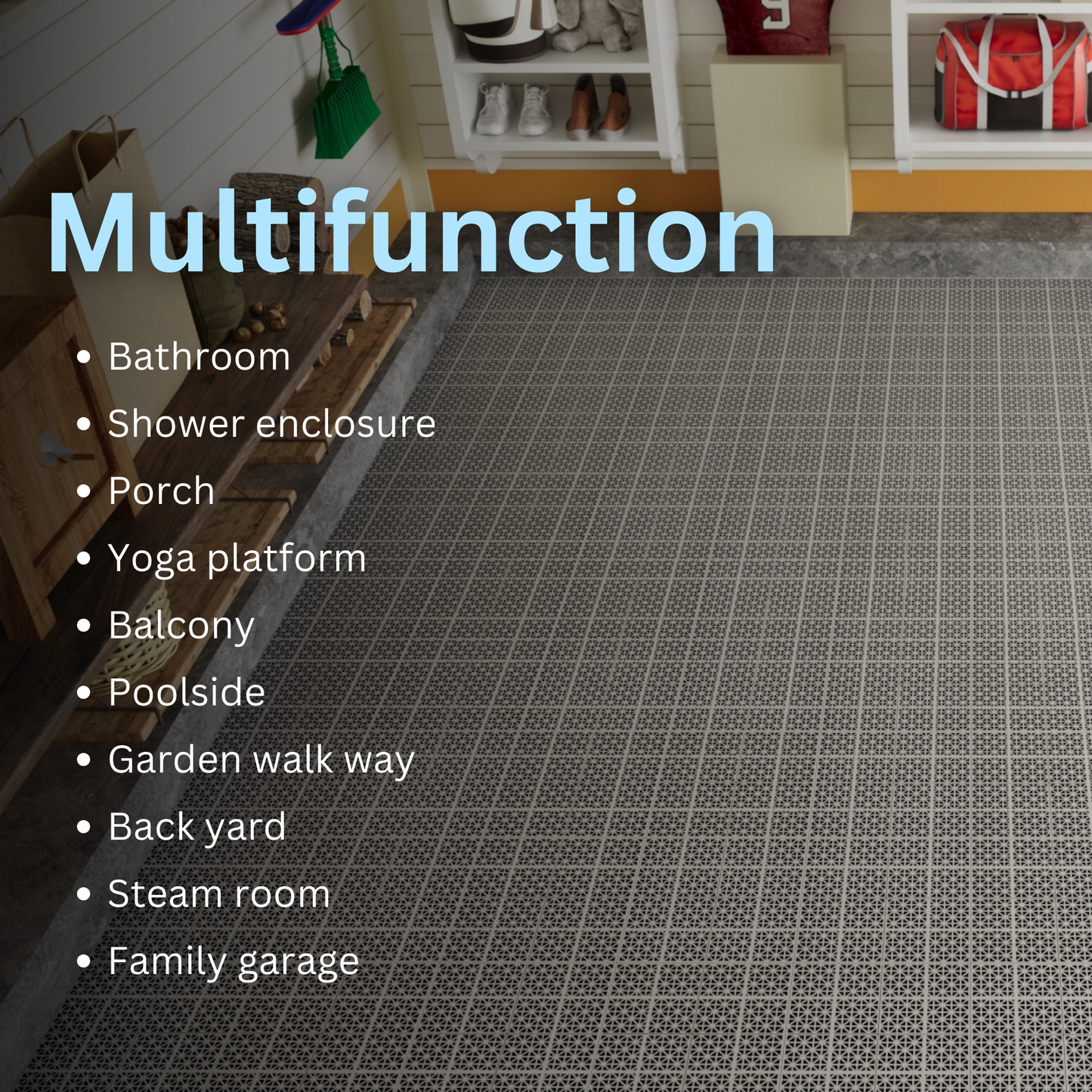 Grey interlocking floor tiles ideal for a bathroom or shower enclosure  characters