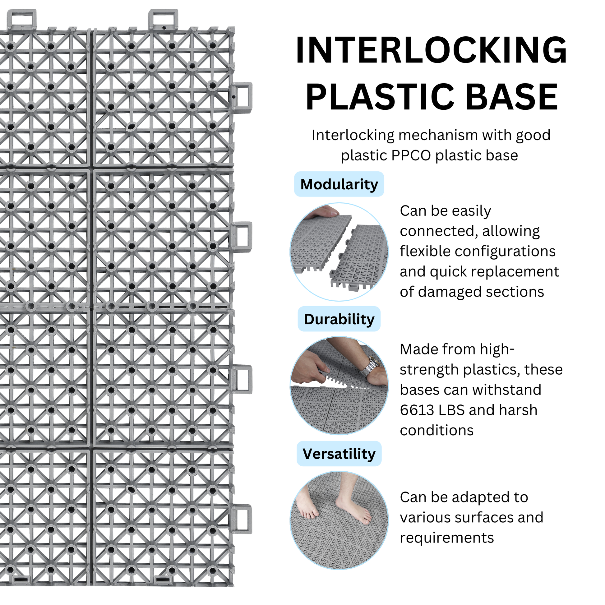 Closeup of interlocking grey plastic base tiles with a geometric grid pattern