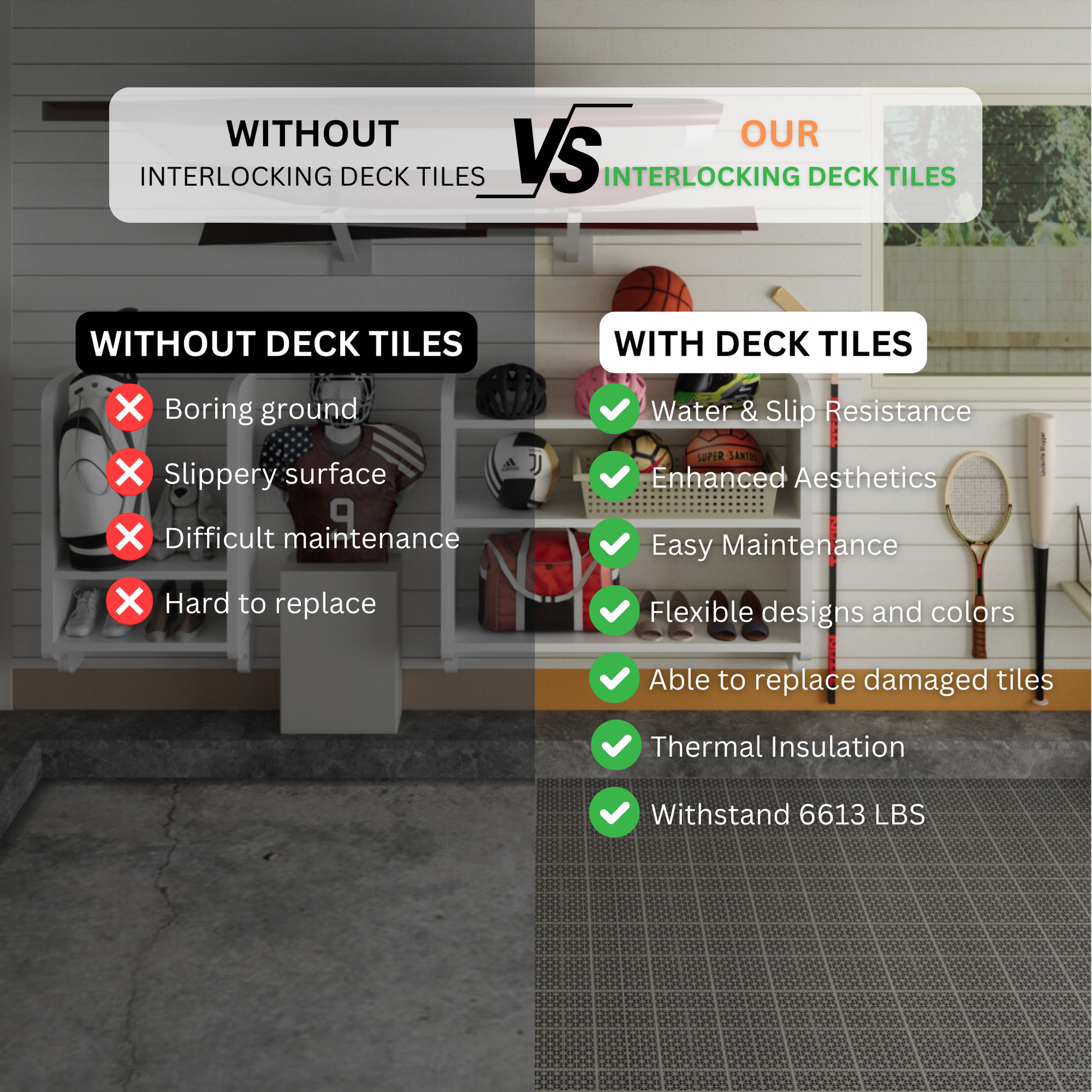Grey interlocking deck tiles offer water resistance for outdoor use