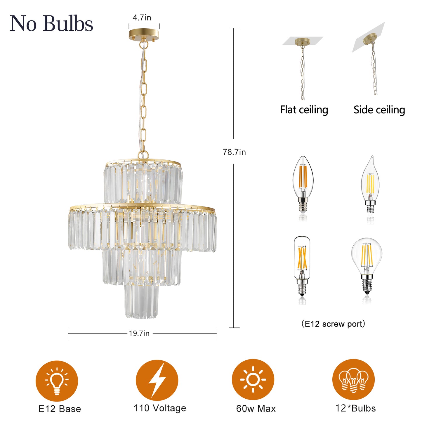 Gold tiered chandelier with clear crystal prisms in width in height