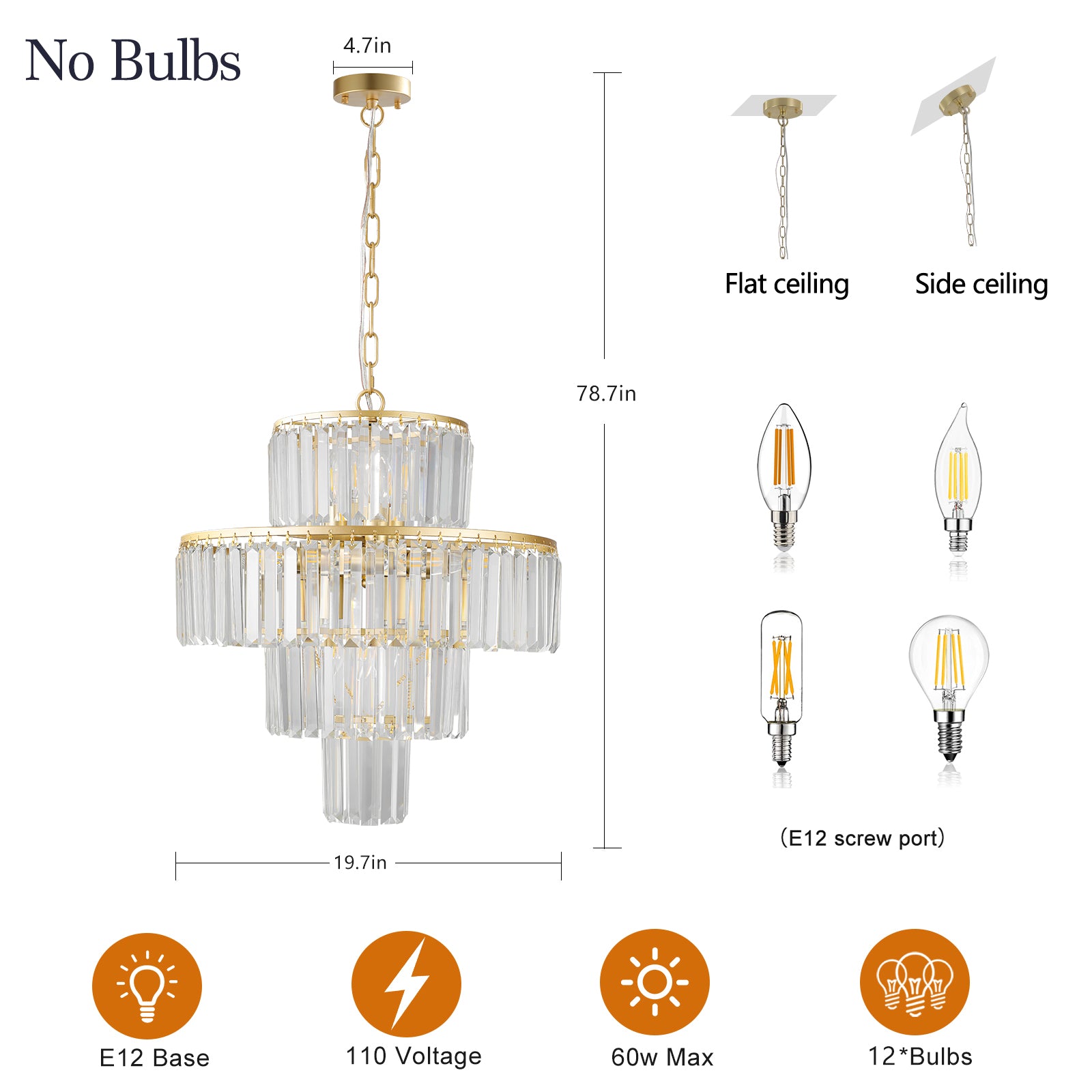 Gold tiered chandelier with clear crystal prisms in width in height