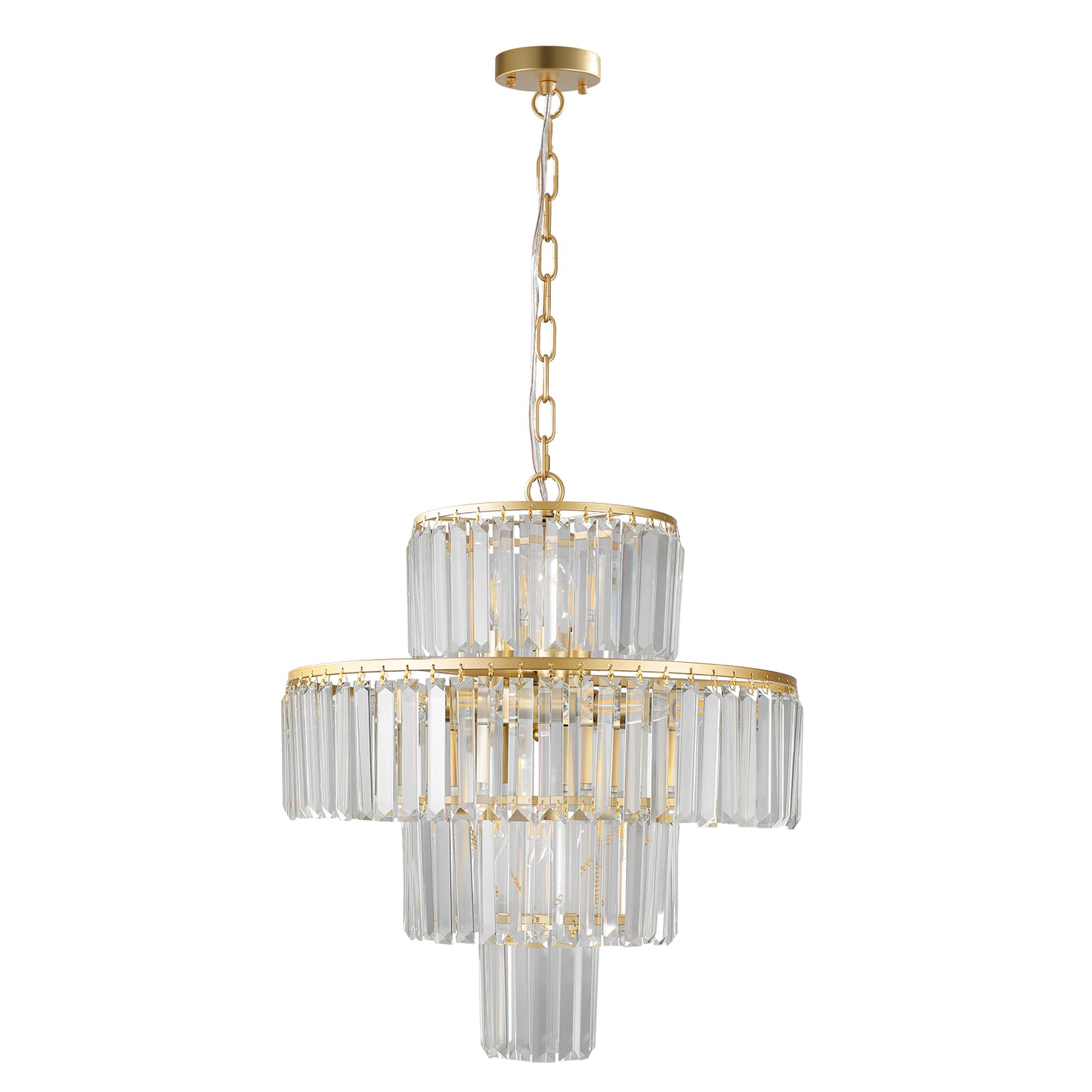 Gold and crystal tiered chandelier with cascading glass prisms