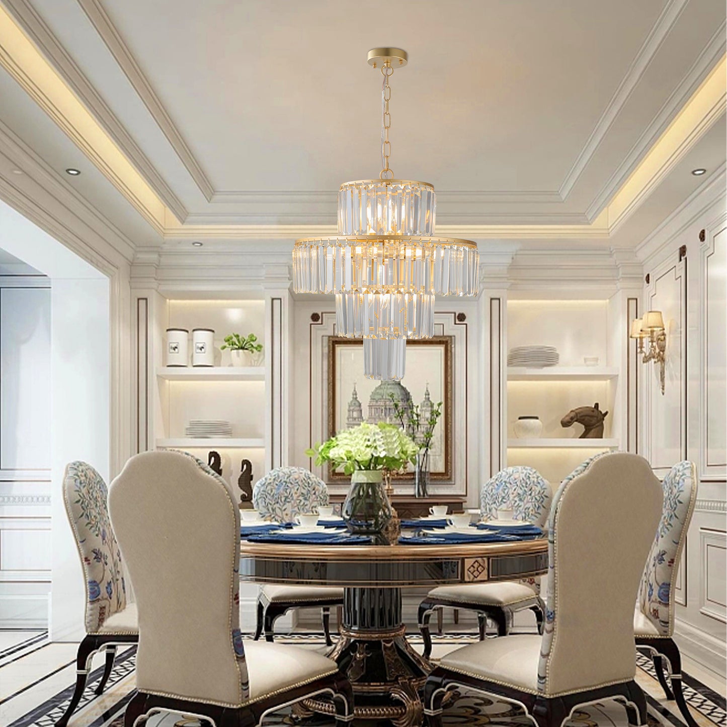 Elegant twotier crystal chandelier with gold accents ideal for dining room illumination
