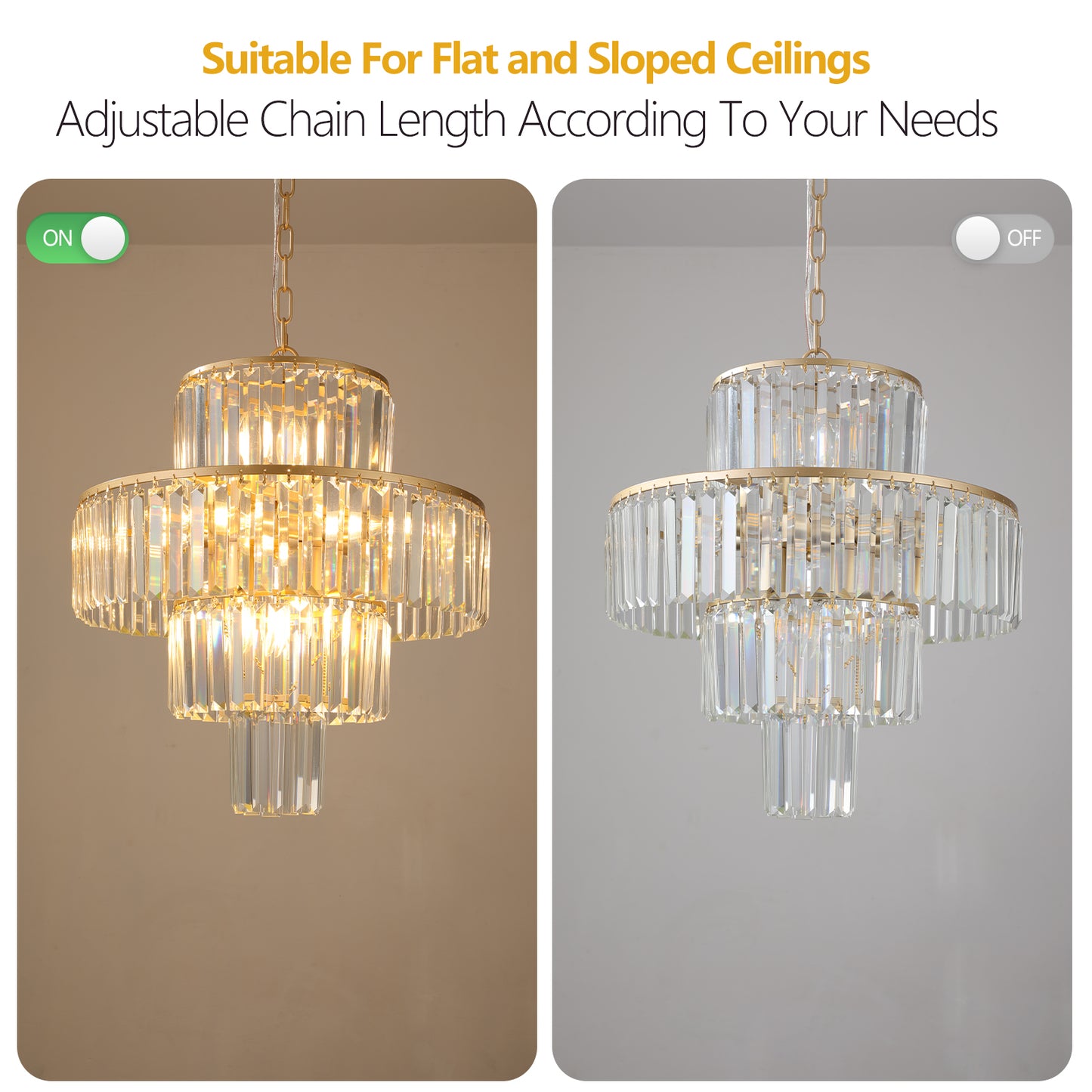 Glamorous tiered crystal chandelier with gold accents illuminated