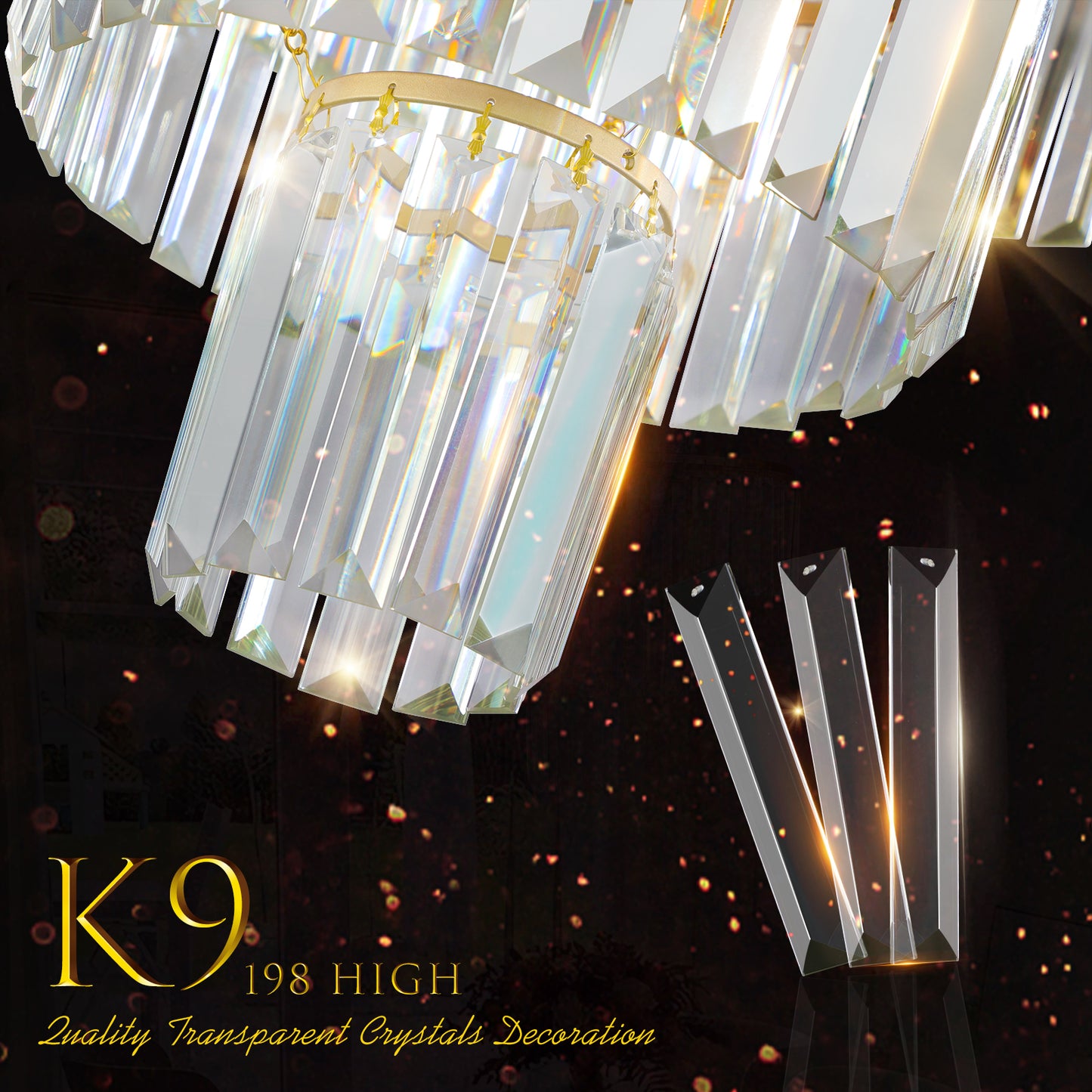 Closeup of a gold K chandelier with crystal prisms reflecting light