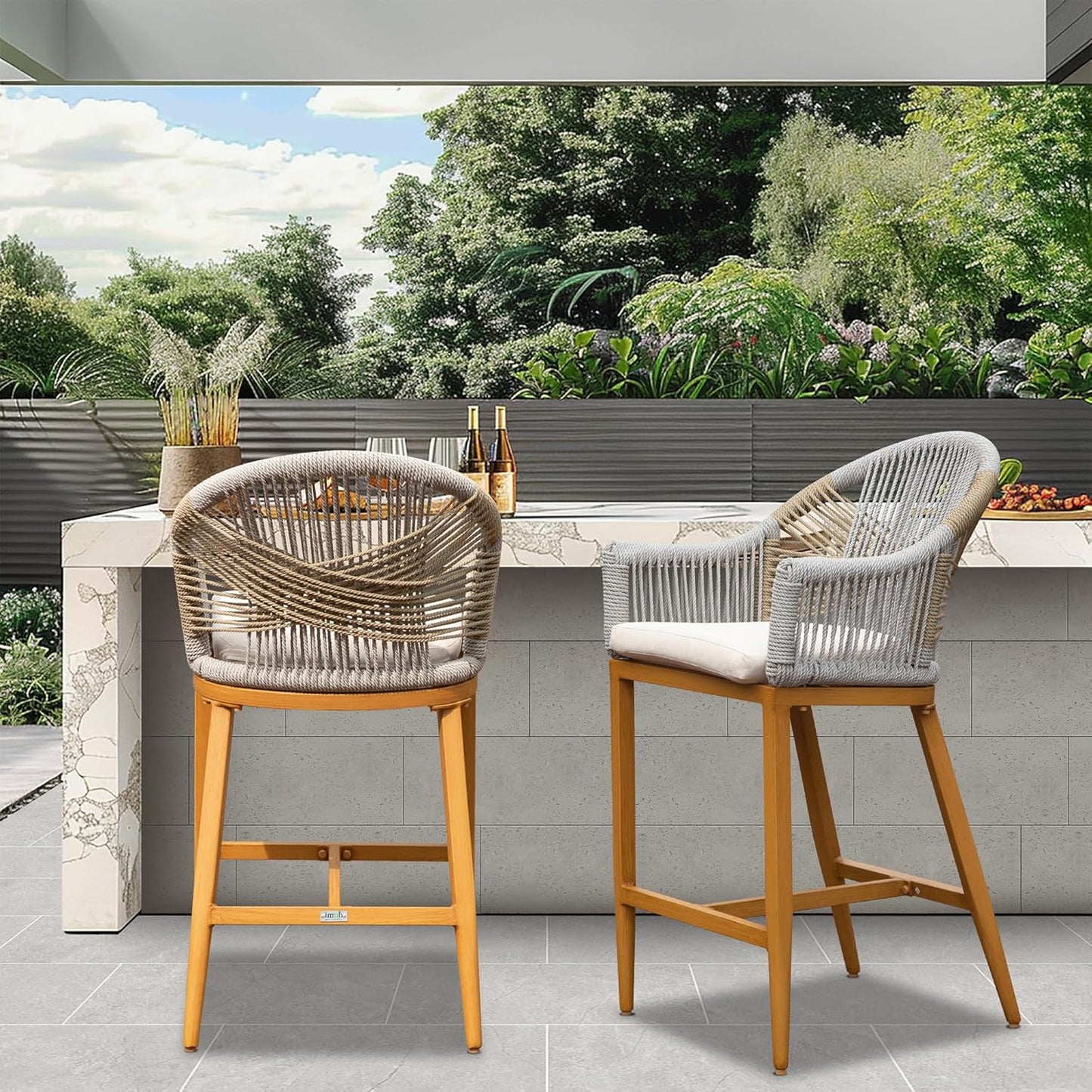 Outdoor bar stool with gray rope weave and wooden legs perfect for patio seating