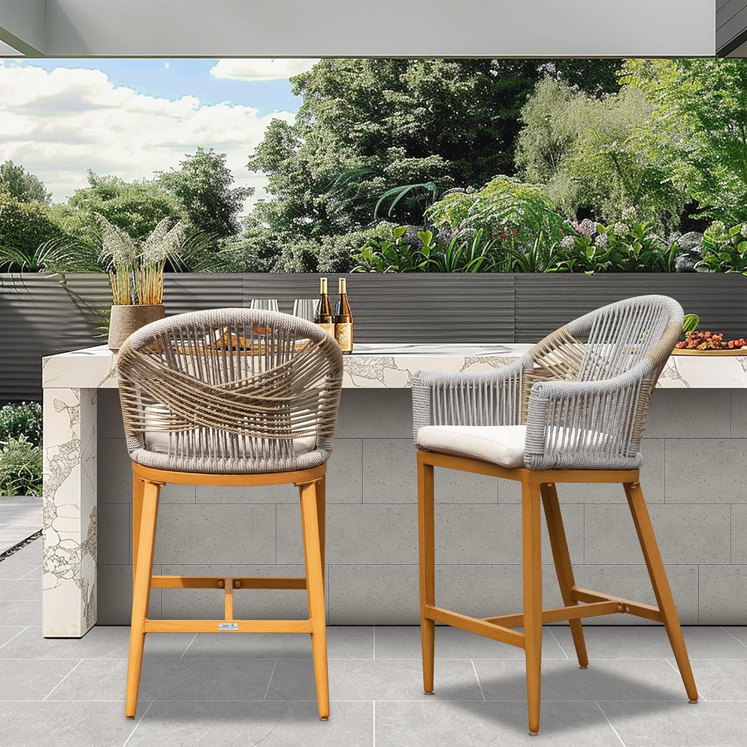 Outdoor bar stool with gray rope weave and wooden legs perfect for patio seating