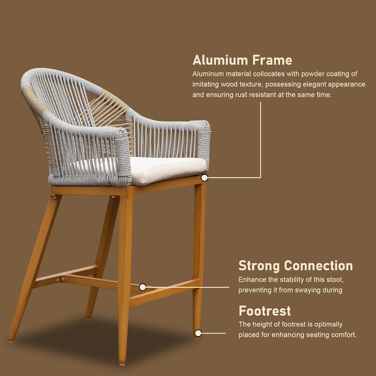 Gray and beige ropewrapped aluminum frame bar stool with wood legs and white cushion