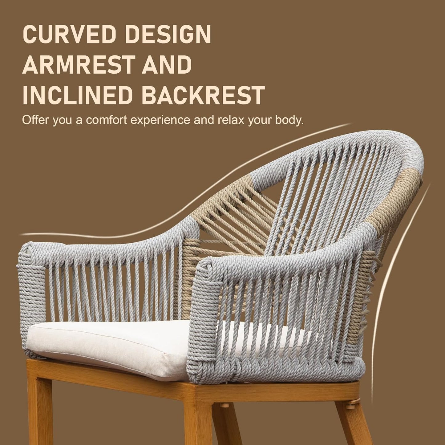 Grey rope accent chair with light beige cushion and wooden legs