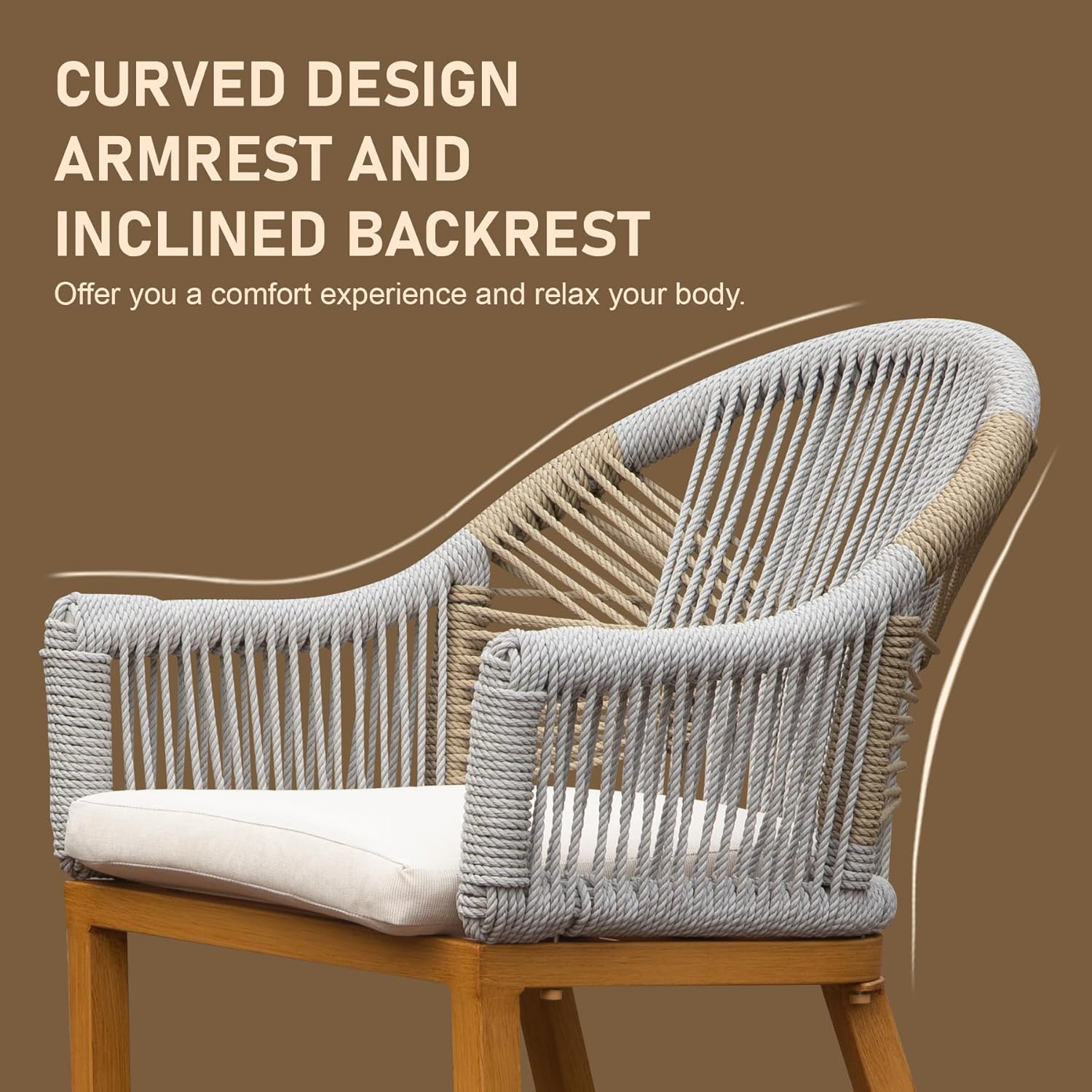 Grey rope accent chair with light beige cushion and wooden legs