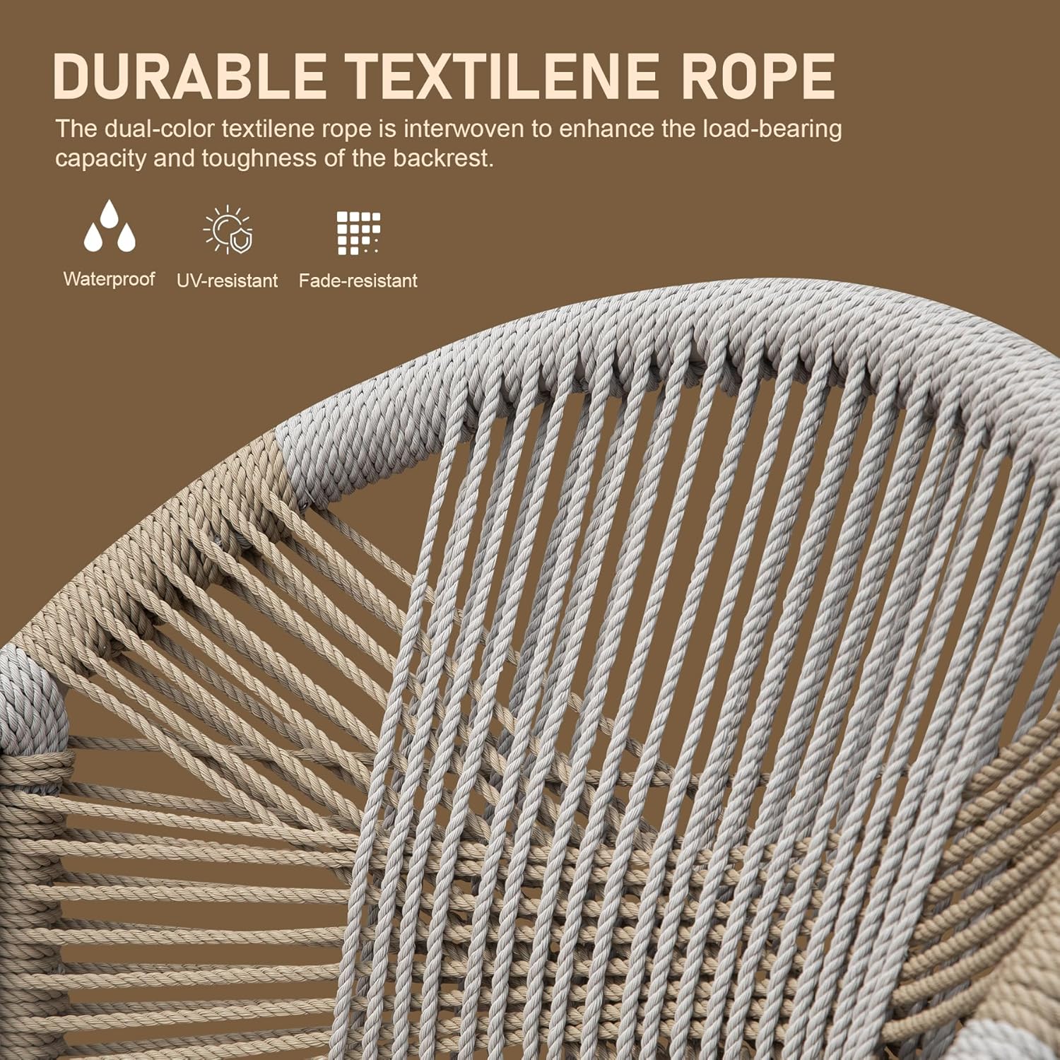 Closeup of a dualcolor woven textile rope backrest with beige and white cords highlighting durability