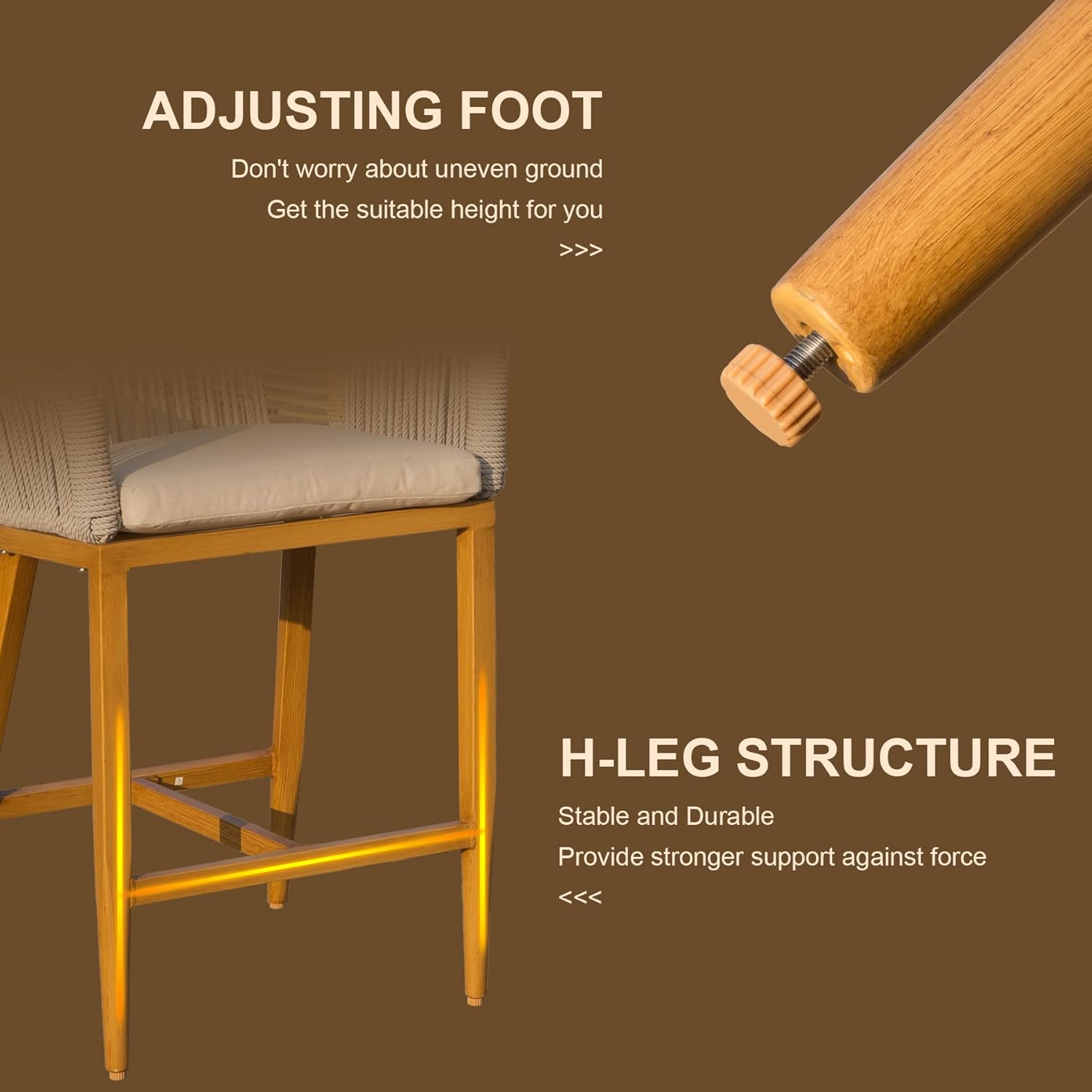 Wooden bar stool with adjustable foot for uneven surfaces
