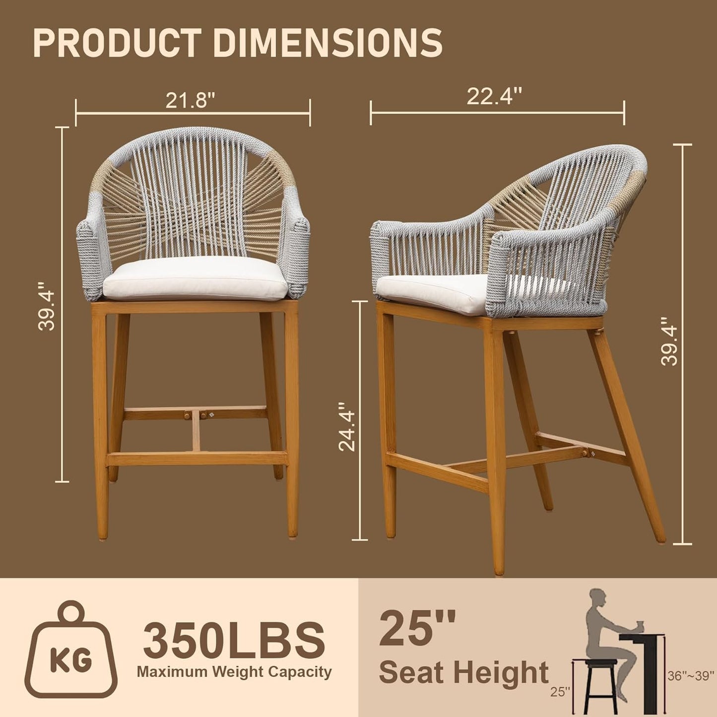 Woven rope bar stool with light wood legs and white cushion  H