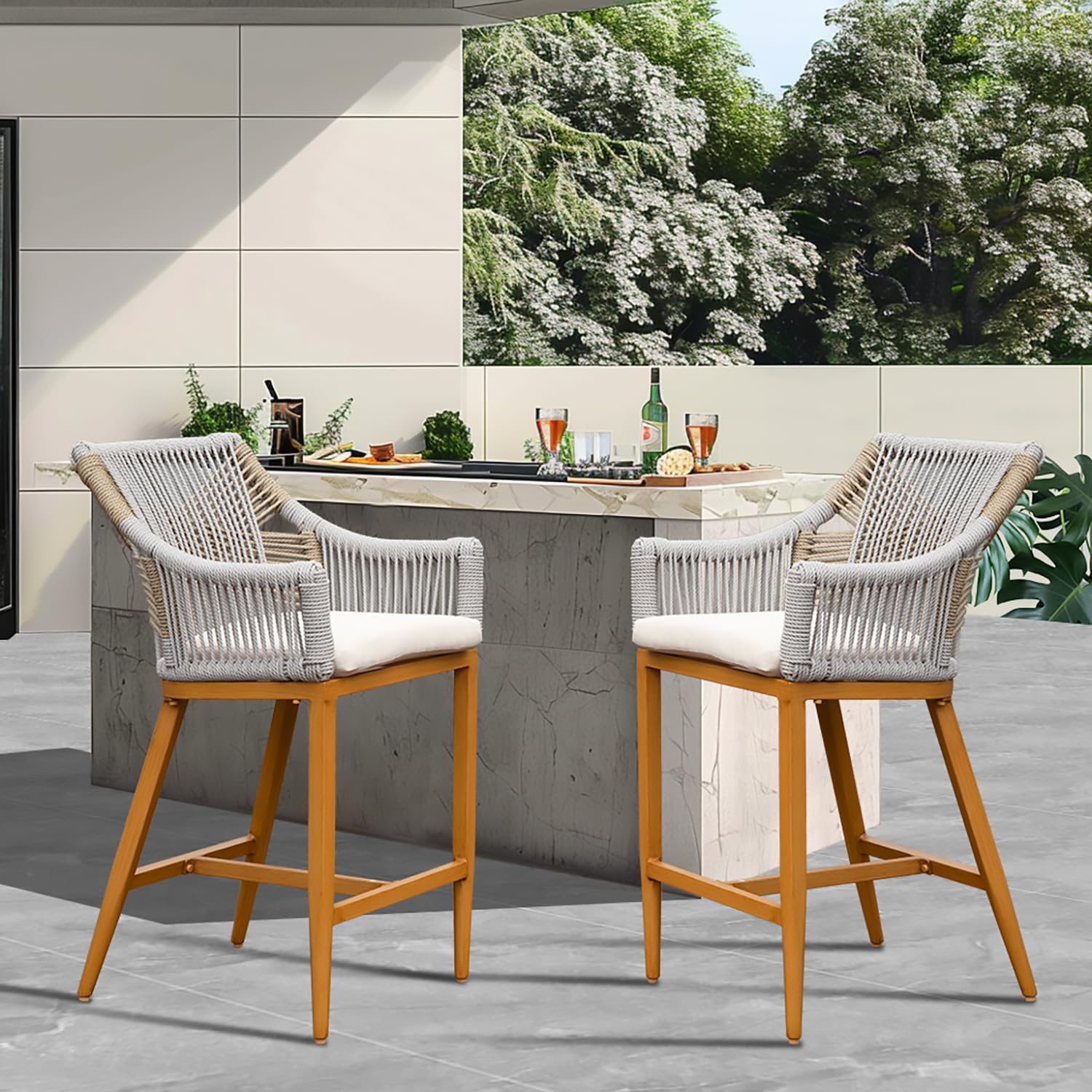 Two gray rope counter stools with wooden legs perfect for outdoor kitchen seating