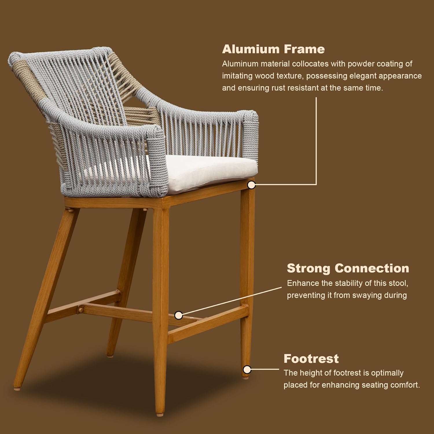 Gray woven outdoor bar stool with cushioned seat and woodgrain aluminum frame