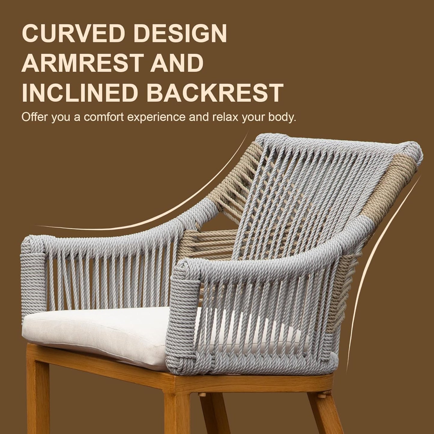 Woven grey rope outdoor chair with wooden frame and cream cushion