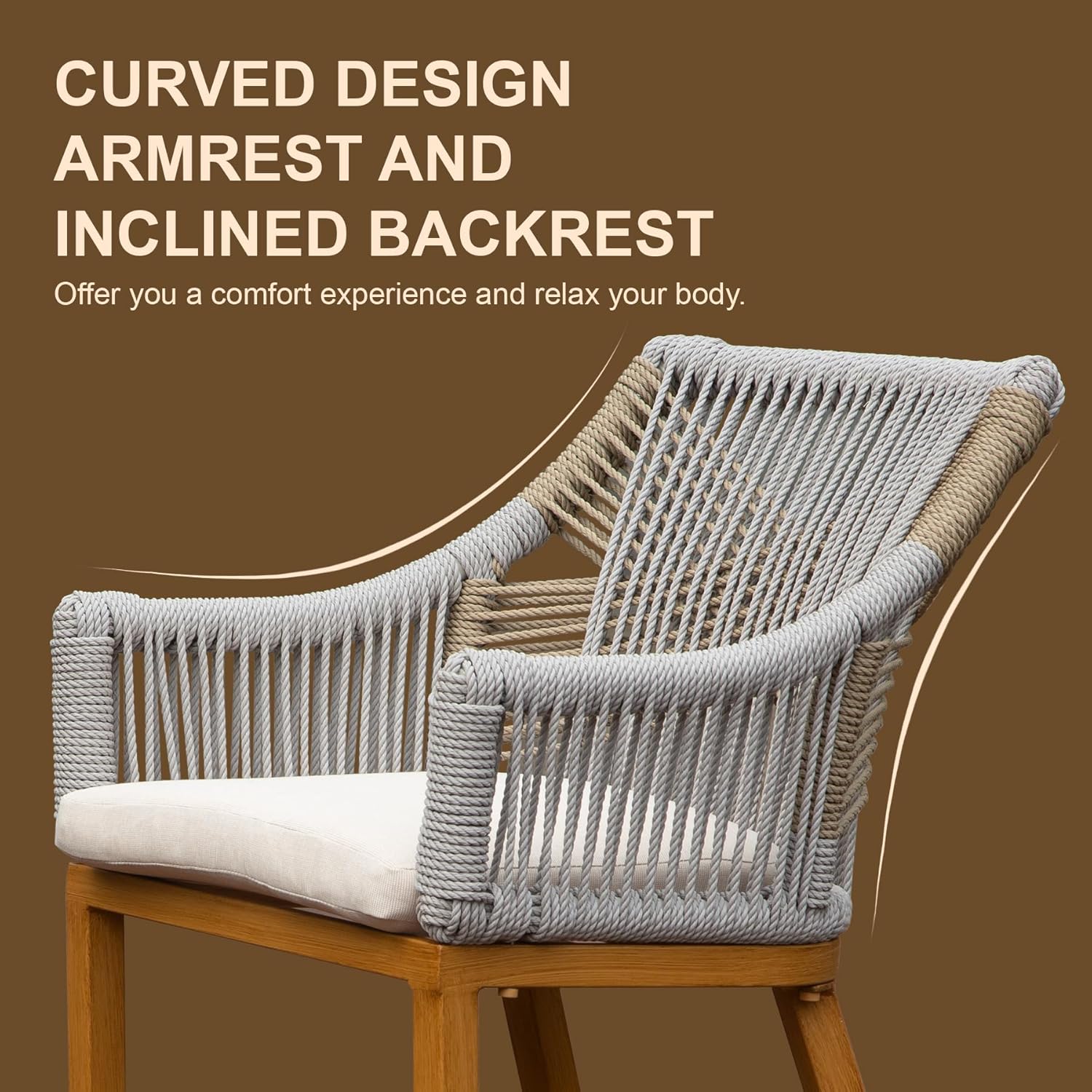 Woven grey rope outdoor chair with wooden frame and cream cushion
