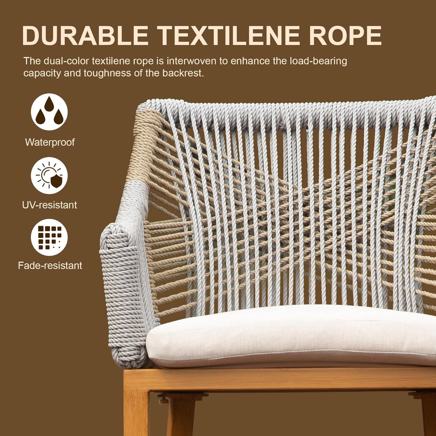 Closeup of a beige and white woven textile chair back with a cream cushion