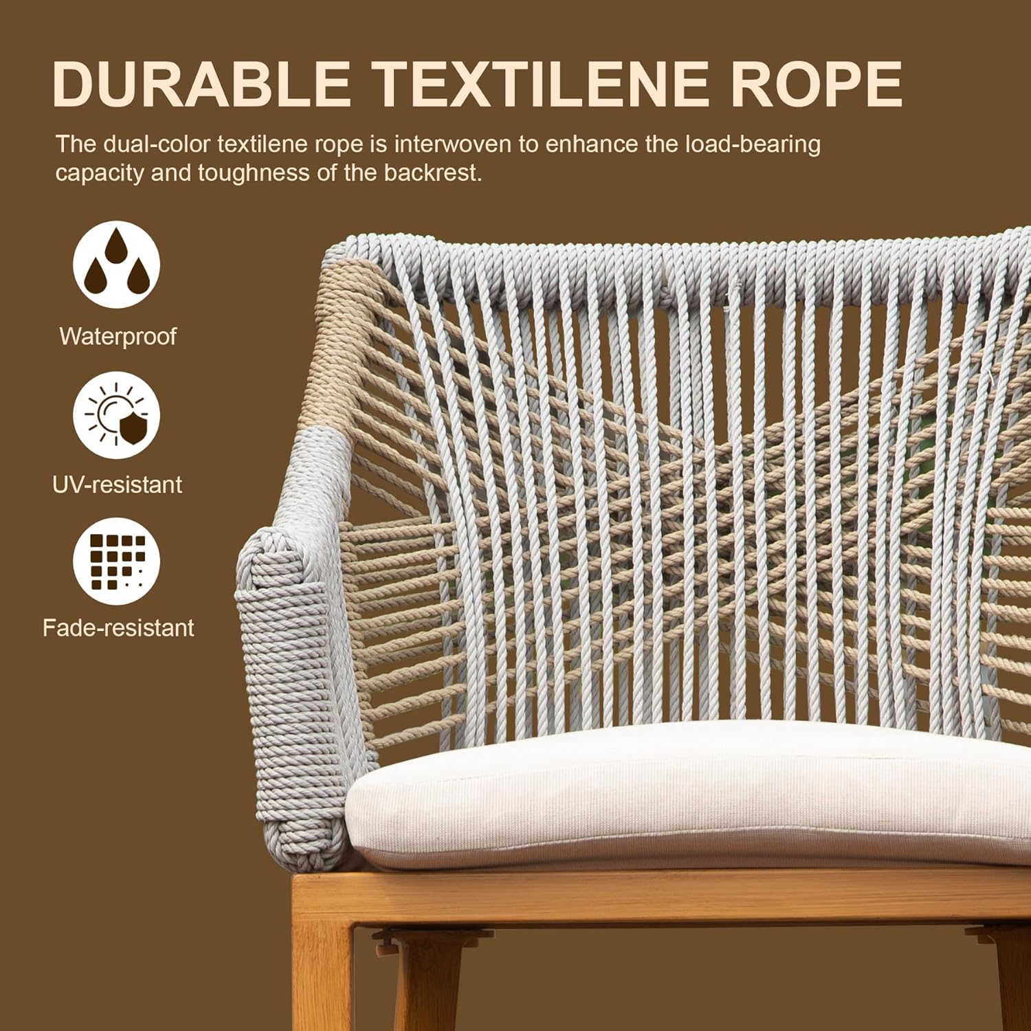Closeup of a beige and white woven textile chair back with a cream cushion